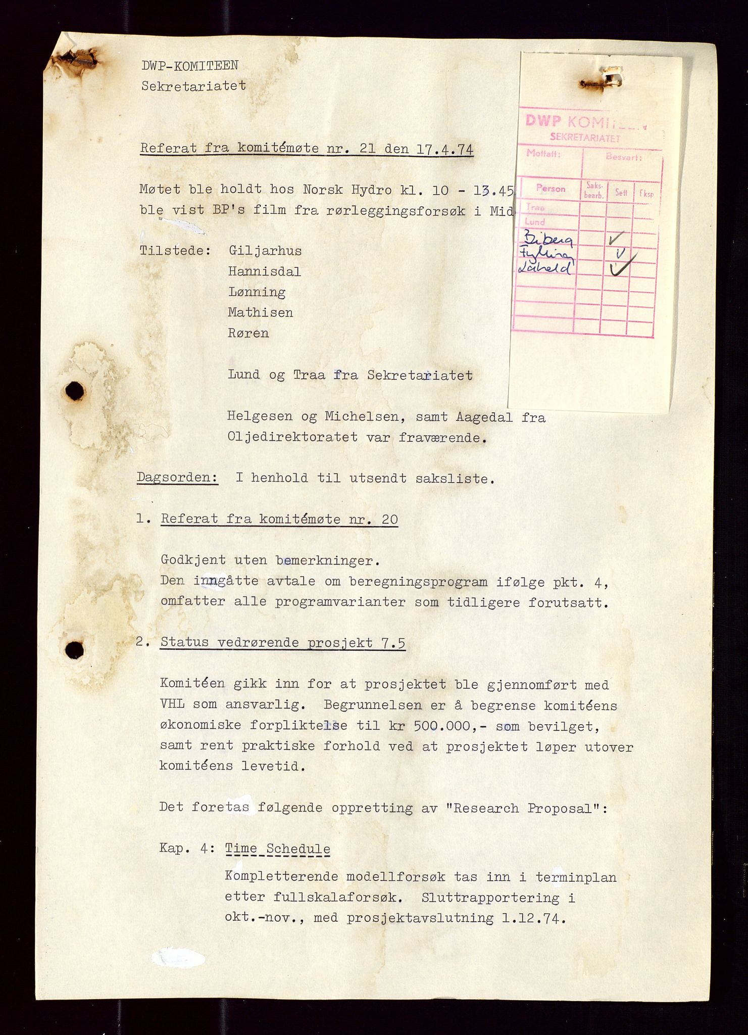 Industridepartementet, Oljekontoret, AV/SAST-A-101348/Di/L0001: DWP, møter juni - november, komiteemøter nr. 19 - 26, 1973-1974, p. 123