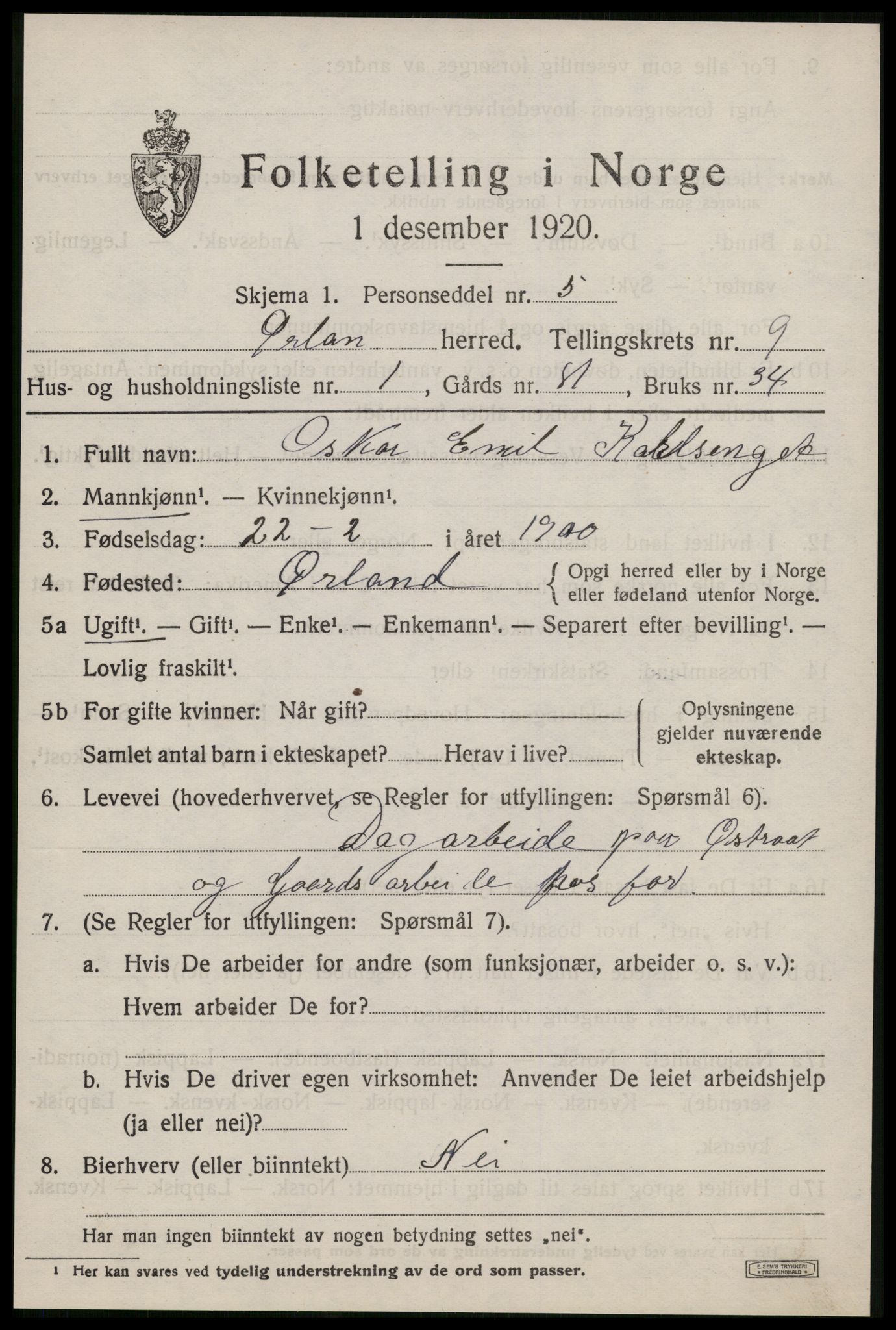 SAT, 1920 census for Ørland, 1920, p. 7843