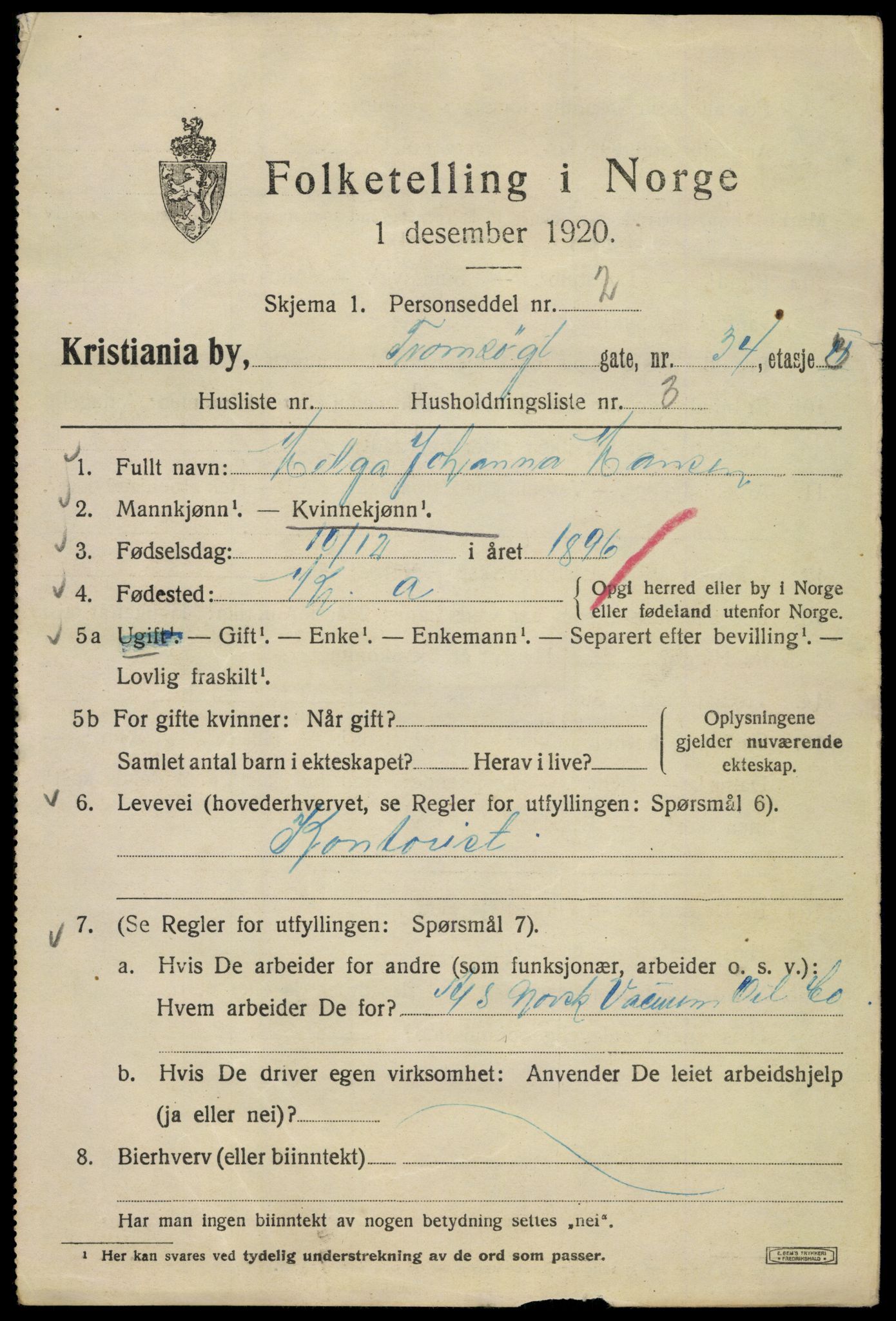 SAO, 1920 census for Kristiania, 1920, p. 598367