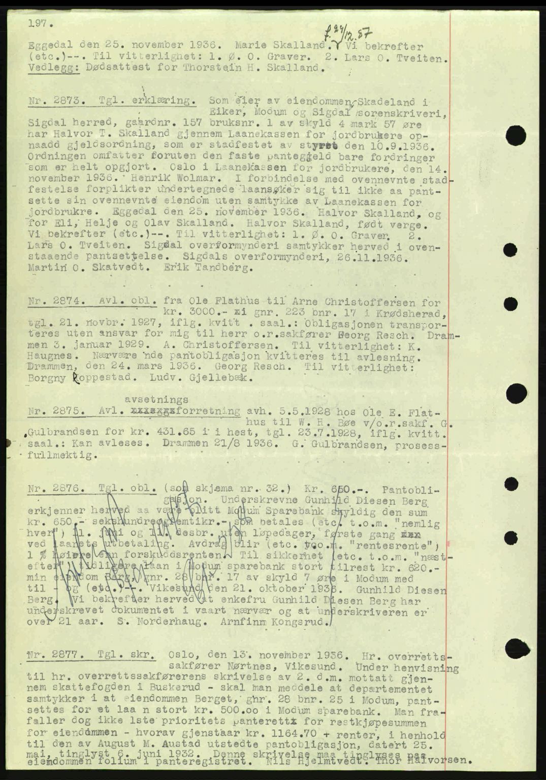 Eiker, Modum og Sigdal sorenskriveri, SAKO/A-123/G/Ga/Gab/L0034: Mortgage book no. A4, 1936-1937, Diary no: : 2873/1936