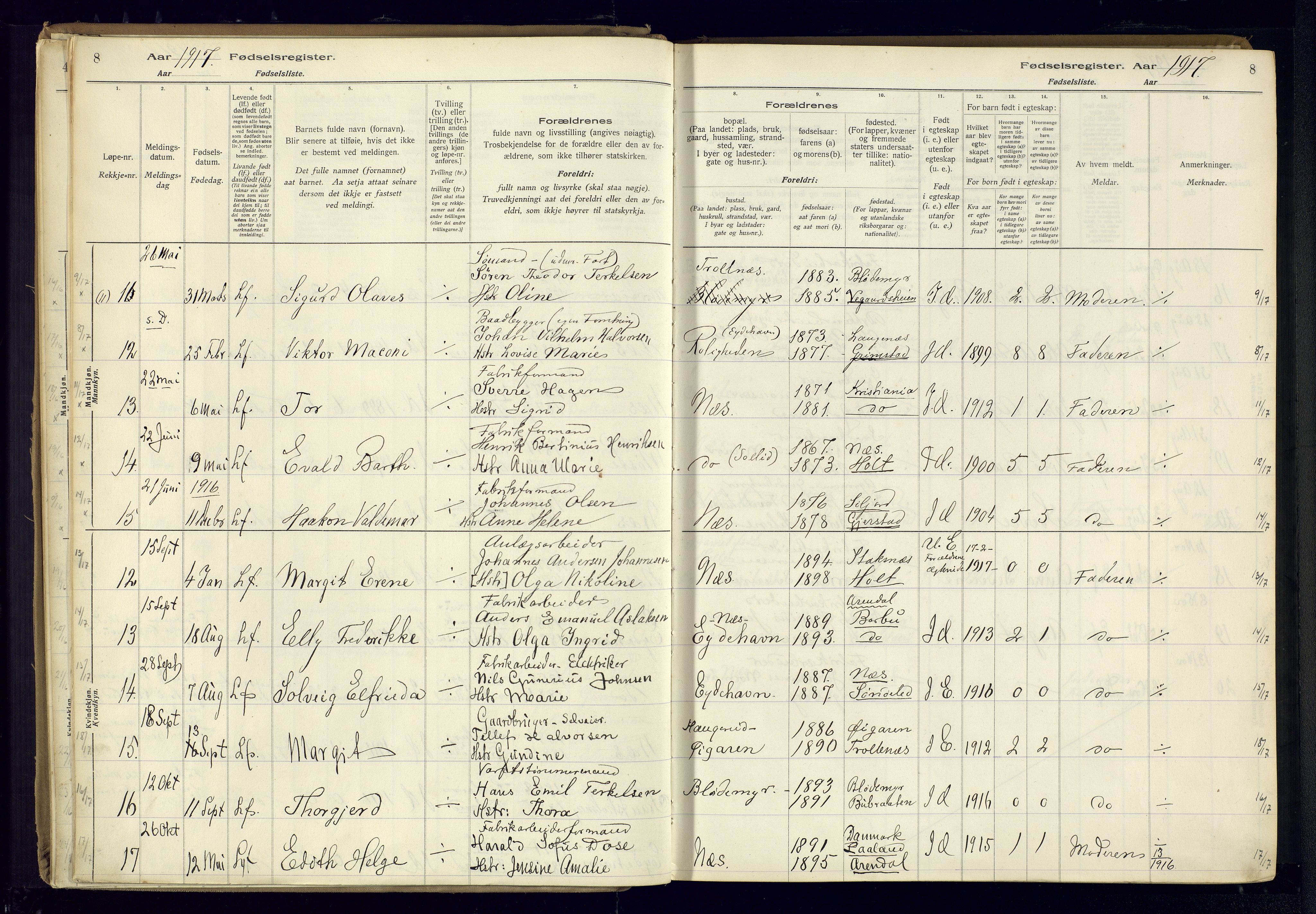 Austre Moland sokneprestkontor, AV/SAK-1111-0001/J/Ja/L0003: Birth register no. A-VI-27, 1916-1950, p. 8