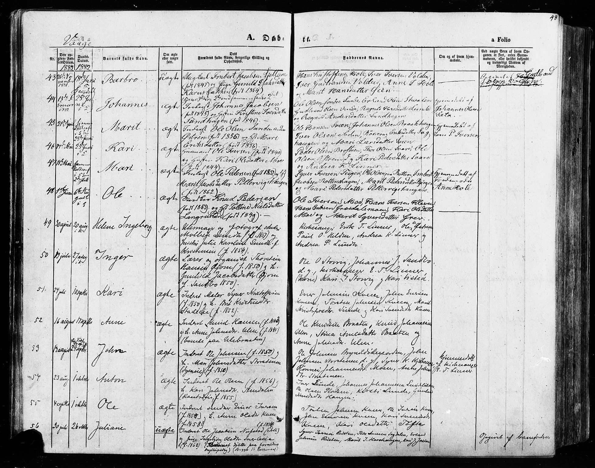 Vågå prestekontor, AV/SAH-PREST-076/H/Ha/Haa/L0007: Parish register (official) no. 7 /1, 1872-1886, p. 48