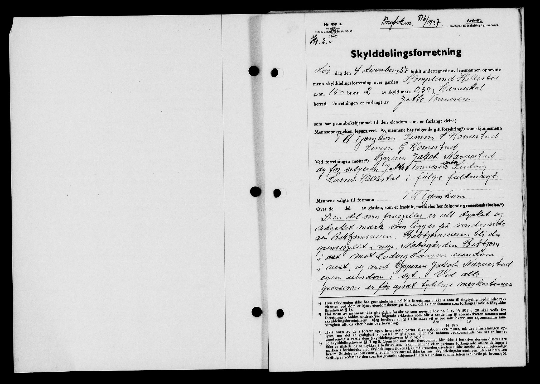 Flekkefjord sorenskriveri, AV/SAK-1221-0001/G/Gb/Gba/L0054: Mortgage book no. A-2, 1937-1938, Diary no: : 816/1937