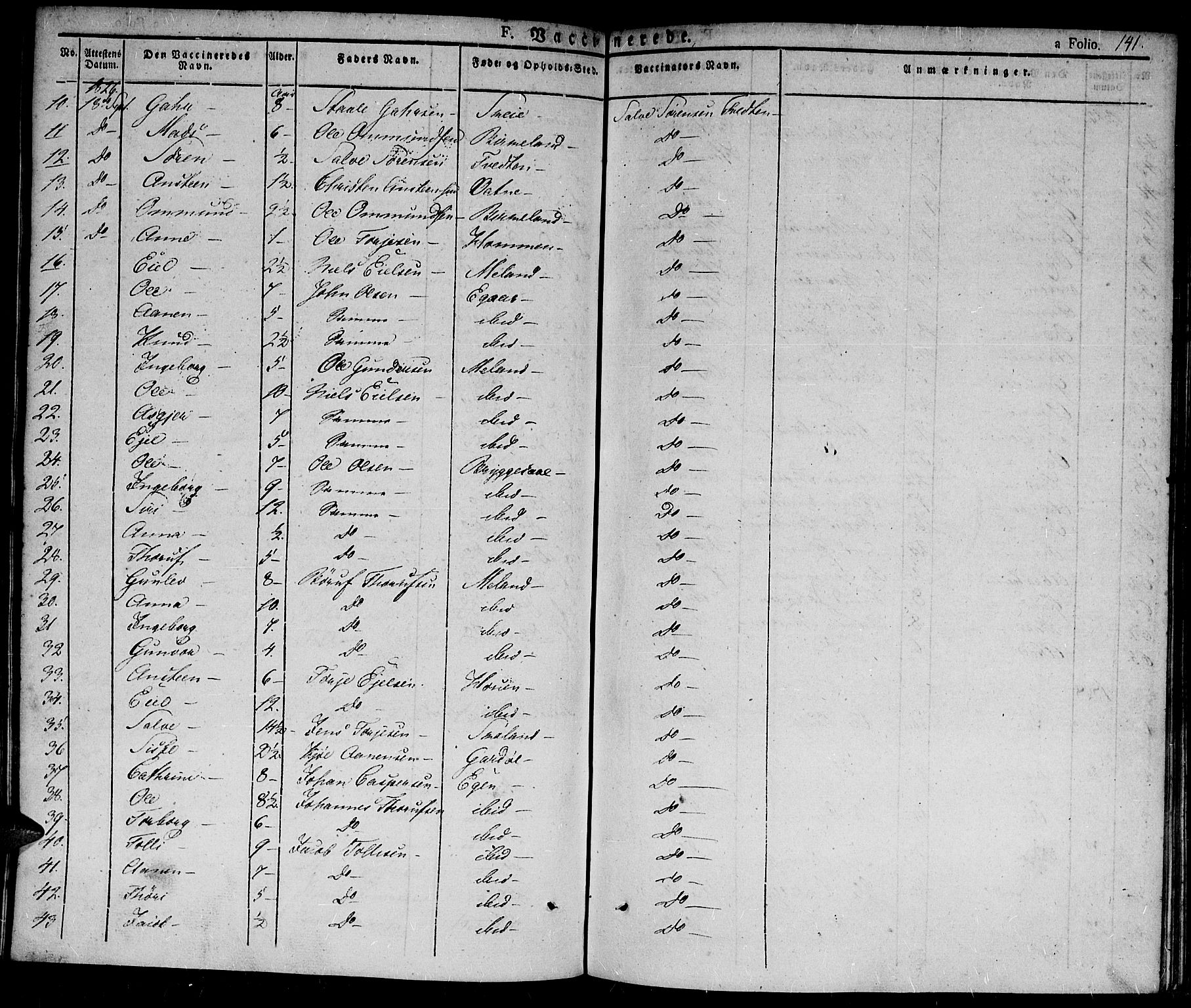 Hægebostad sokneprestkontor, AV/SAK-1111-0024/F/Fa/Fab/L0001: Parish register (official) no. A 1, 1823-1867, p. 141