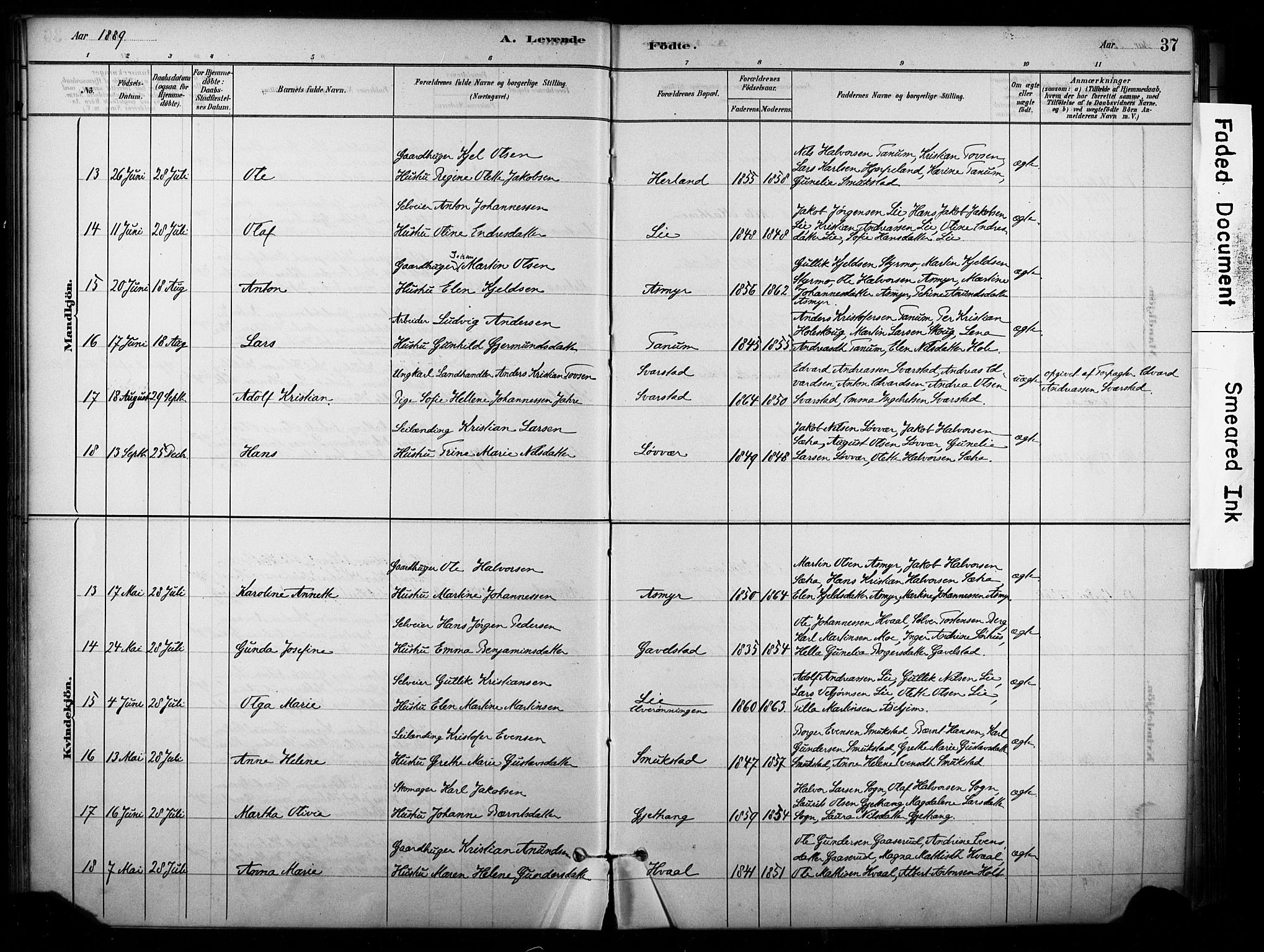 Lardal kirkebøker, AV/SAKO-A-350/F/Fb/L0001: Parish register (official) no. II 1, 1881-1911, p. 37