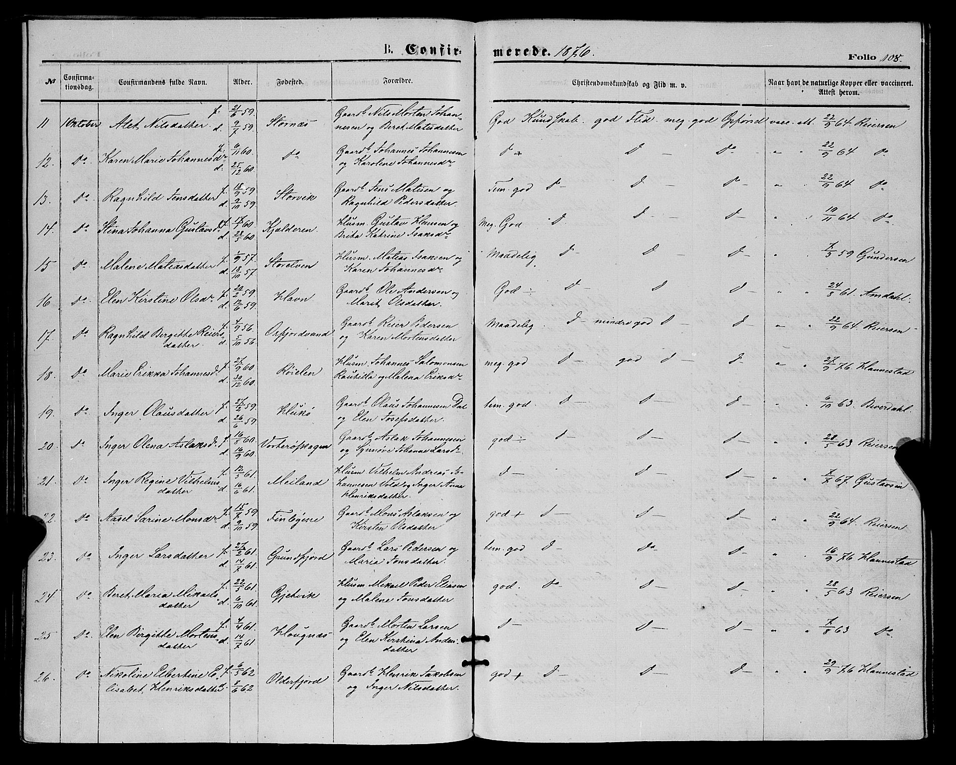 Skjervøy sokneprestkontor, AV/SATØ-S-1300/H/Ha/Haa/L0008kirke: Parish register (official) no. 8, 1871-1877, p. 108