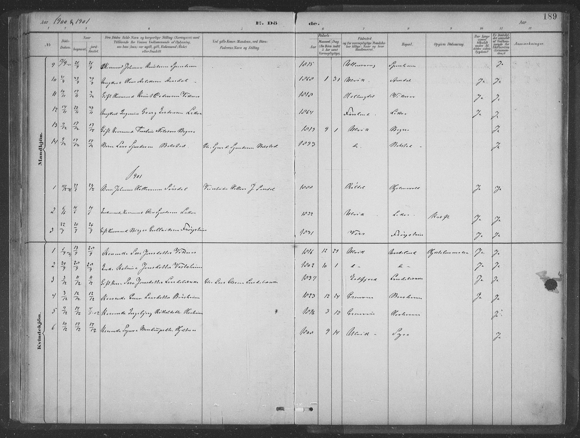 Ulvik sokneprestembete, SAB/A-78801/H/Hab: Parish register (copy) no. A 3, 1883-1908, p. 189