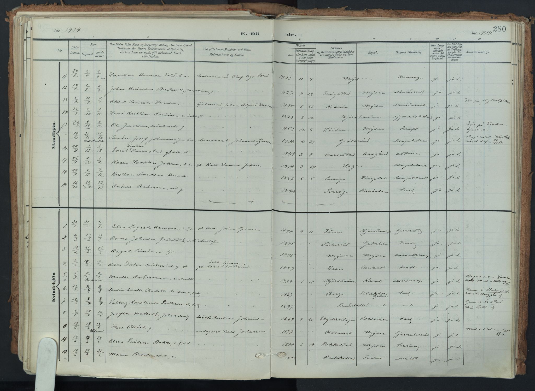 Eidsberg prestekontor Kirkebøker, AV/SAO-A-10905/F/Fa/L0014: Parish register (official) no. I 14, 1902-1919, p. 280