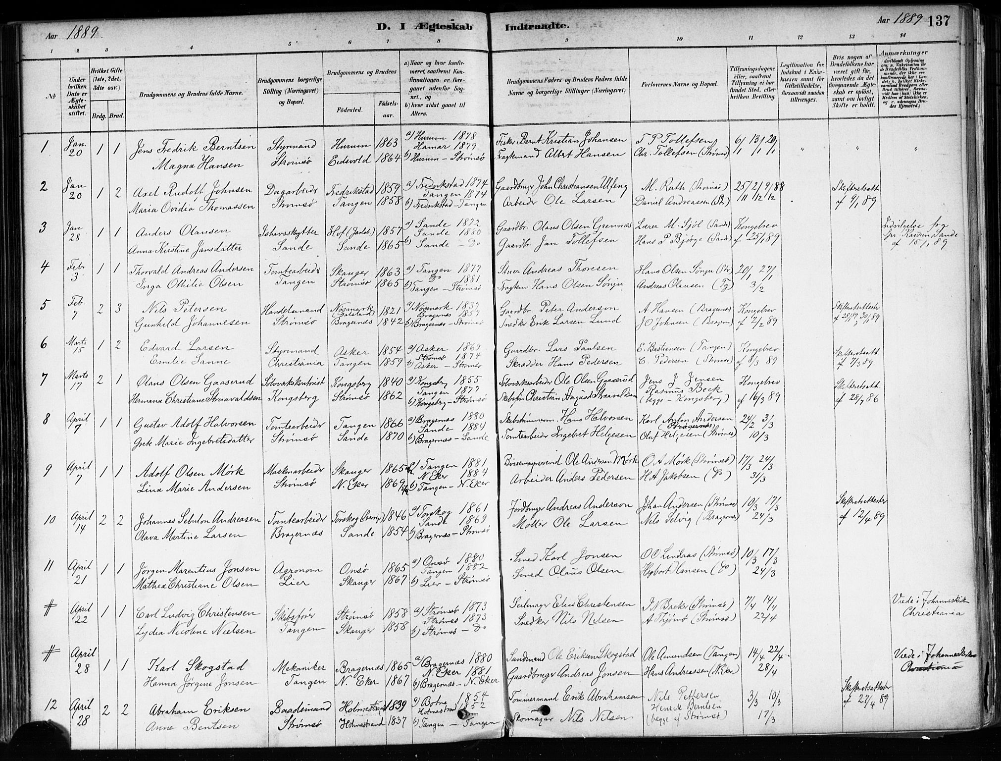 Strømsø kirkebøker, AV/SAKO-A-246/F/Fa/L0022: Parish register (official) no. I 22, 1879-1899, p. 137
