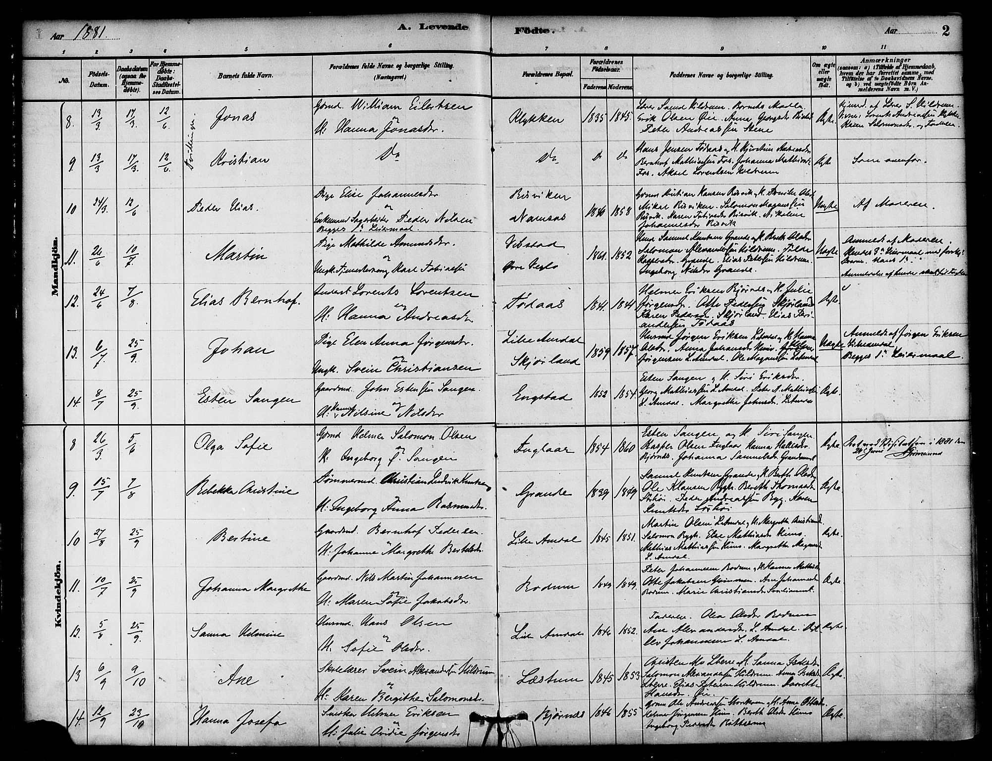 Ministerialprotokoller, klokkerbøker og fødselsregistre - Nord-Trøndelag, AV/SAT-A-1458/764/L0555: Parish register (official) no. 764A10, 1881-1896, p. 2