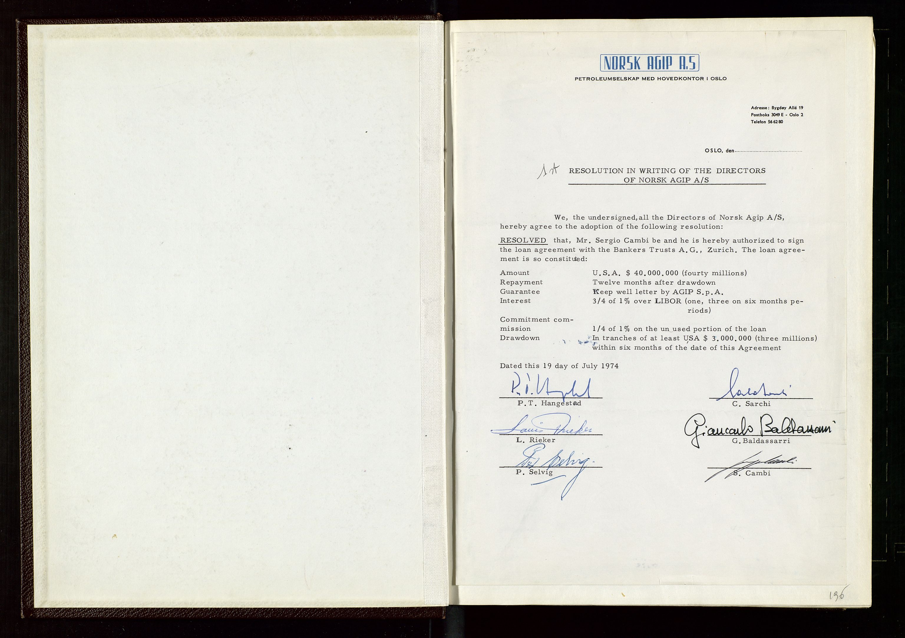 Pa 1583 - Norsk Agip AS, AV/SAST-A-102138/A/Aa/L0002: General assembly and Board of Directors meeting minutes, 1972-1979, p. 196