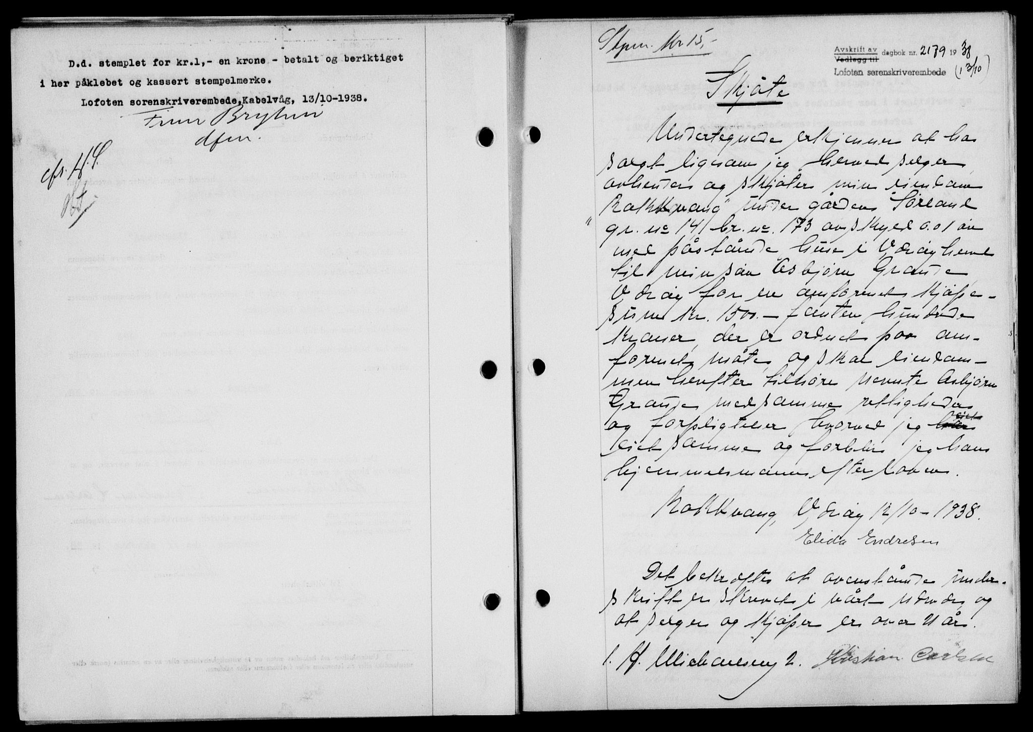 Lofoten sorenskriveri, SAT/A-0017/1/2/2C/L0004a: Mortgage book no. 4a, 1938-1938, Diary no: : 2179/1938