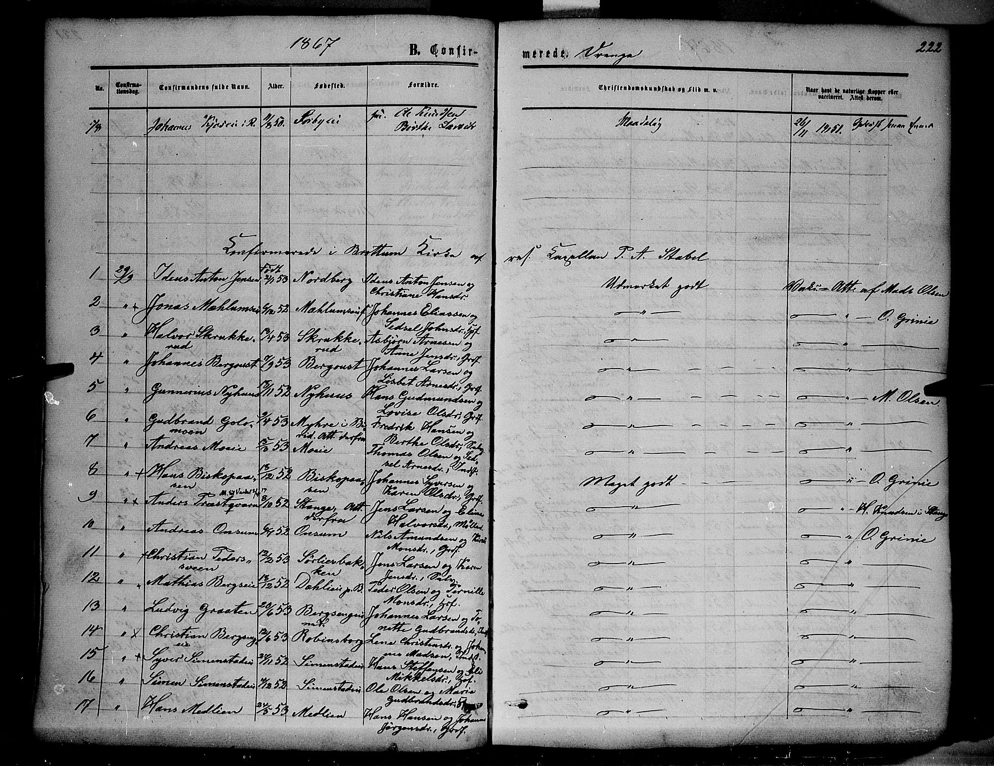 Ringsaker prestekontor, SAH/PREST-014/K/Ka/L0010: Parish register (official) no. 10, 1861-1869, p. 222