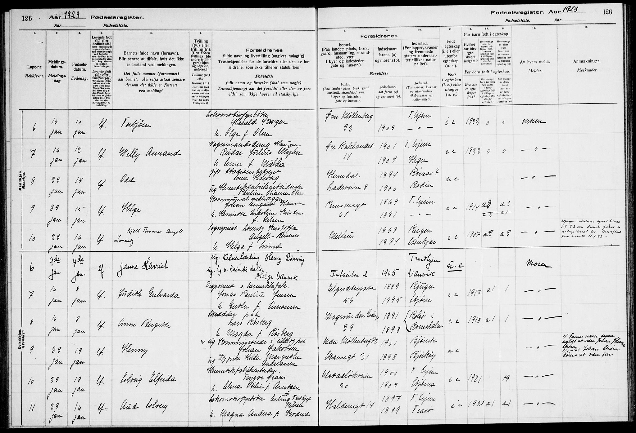 Ministerialprotokoller, klokkerbøker og fødselsregistre - Sør-Trøndelag, SAT/A-1456/600/L0003: Birth register no. 600.II.4.2, 1920-1924, p. 126