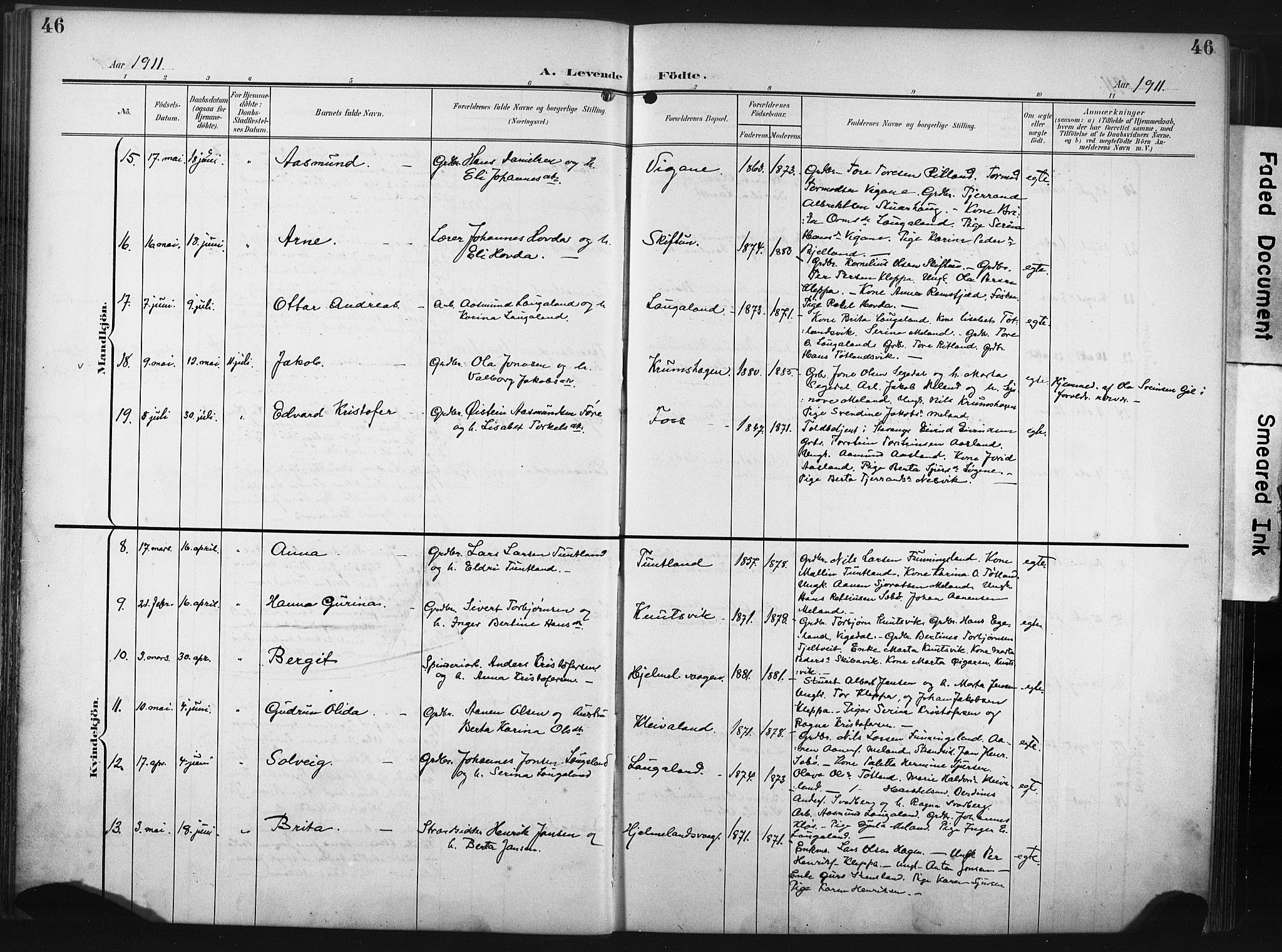 Hjelmeland sokneprestkontor, SAST/A-101843/02/A/L0002: Parish register (official) no. A 17, 1901-1916, p. 46