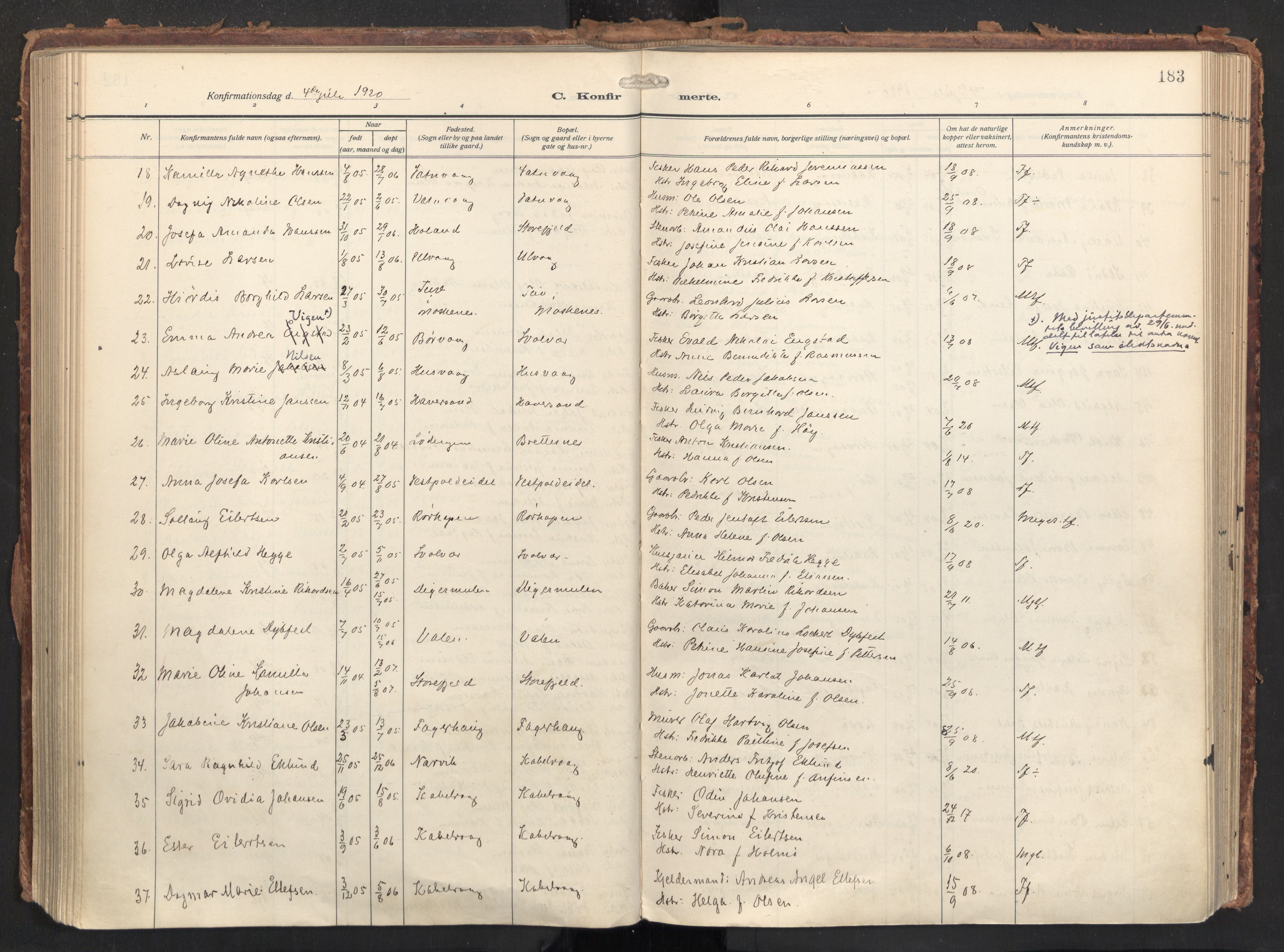 Ministerialprotokoller, klokkerbøker og fødselsregistre - Nordland, SAT/A-1459/874/L1064: Parish register (official) no. 874A08, 1915-1926, p. 183