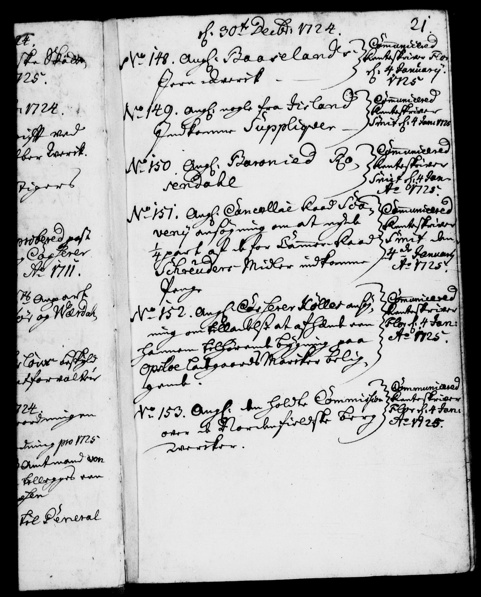 Rentekammeret, Kammerkanselliet, RA/EA-3111/G/Gf/Gfb/L0002: Register til norske relasjons- og resolusjonsprotokoller (merket RK 52.97), 1724-1728, p. 21