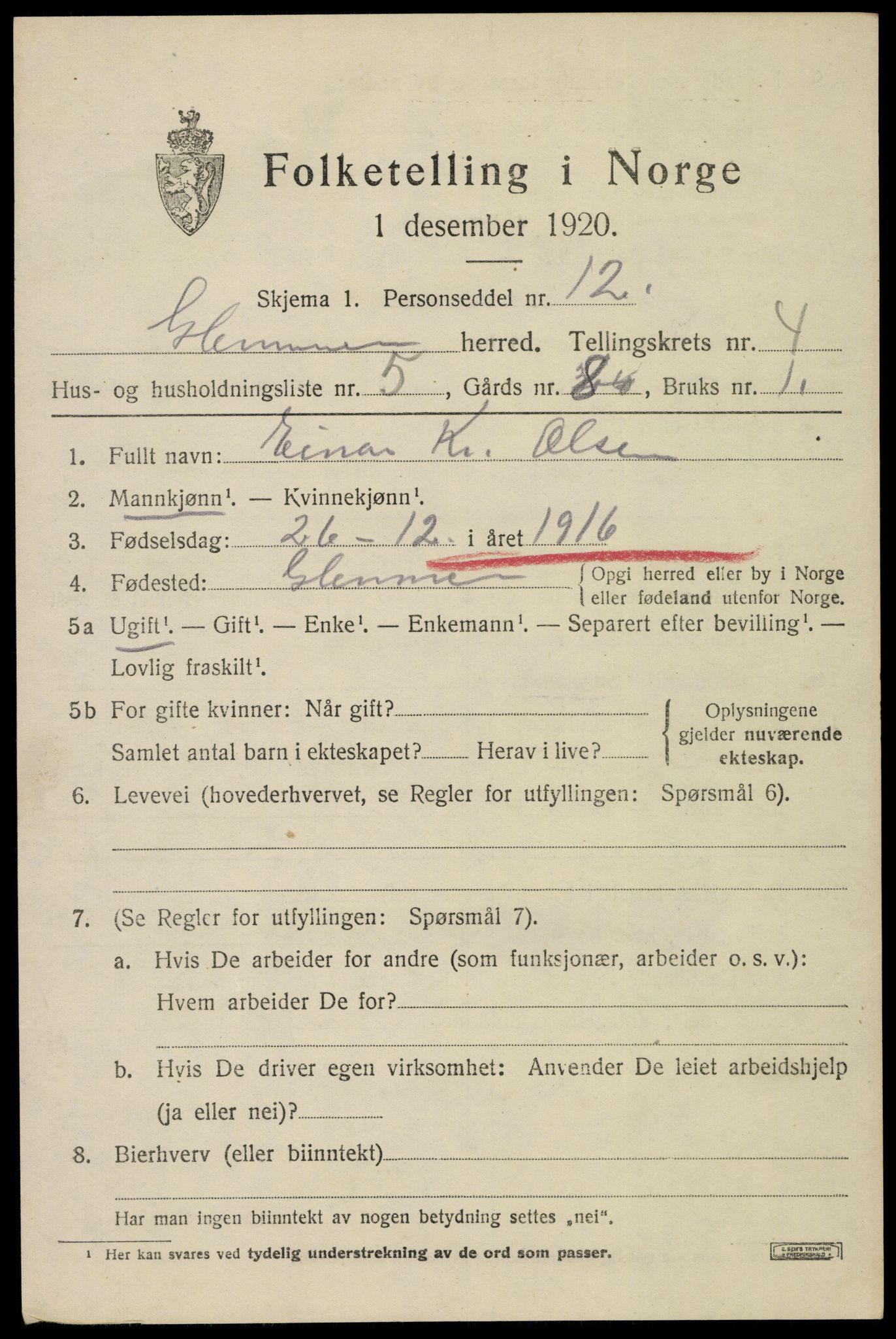 SAO, 1920 census for Glemmen, 1920, p. 15081