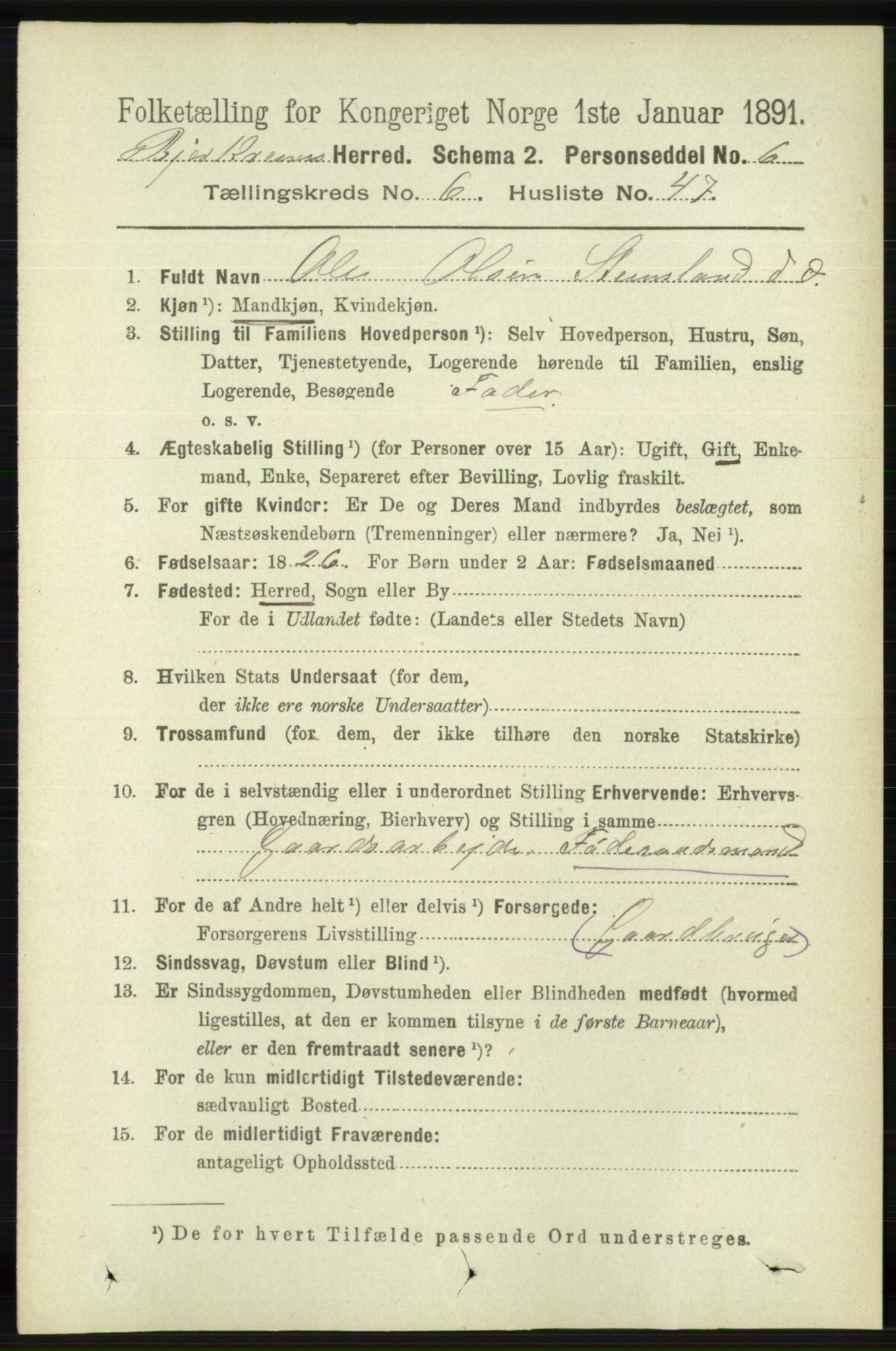 RA, 1891 census for 1114 Bjerkreim, 1891, p. 2410