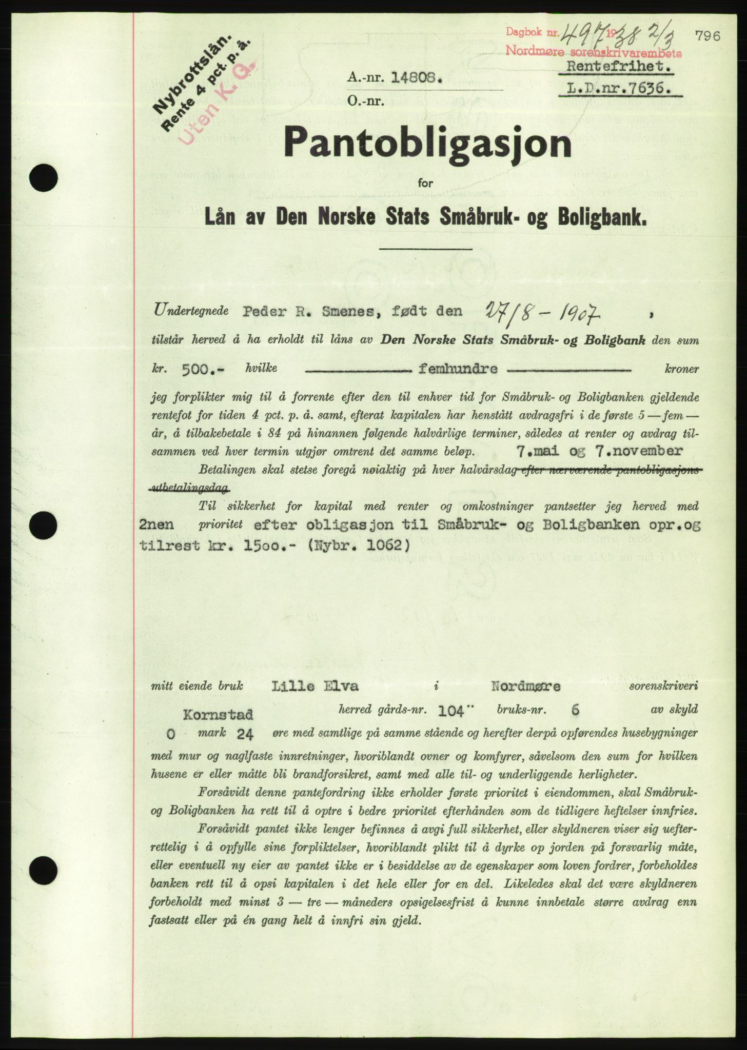 Nordmøre sorenskriveri, AV/SAT-A-4132/1/2/2Ca/L0092: Mortgage book no. B82, 1937-1938, Diary no: : 497/1938