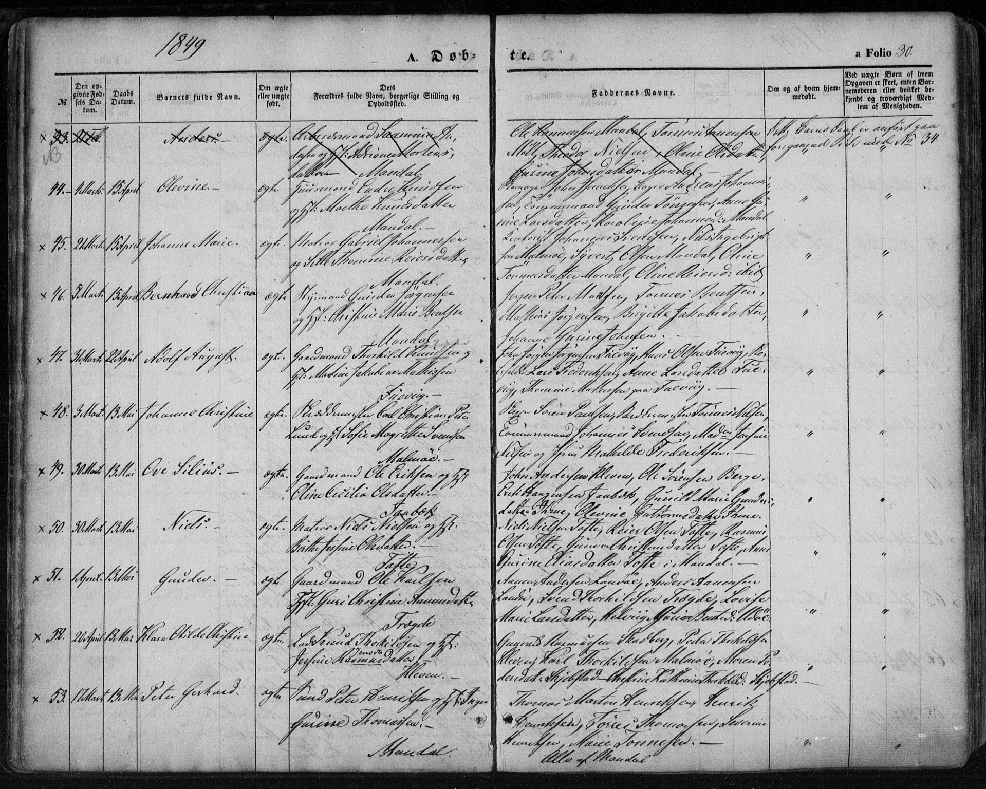 Mandal sokneprestkontor, AV/SAK-1111-0030/F/Fa/Faa/L0013: Parish register (official) no. A 13, 1847-1859, p. 30