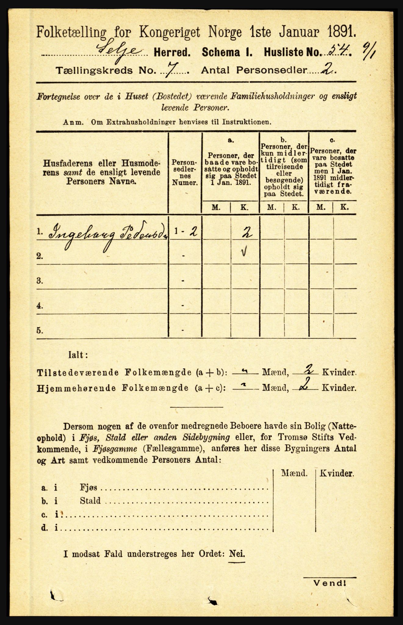 RA, 1891 census for 1441 Selje, 1891, p. 1998