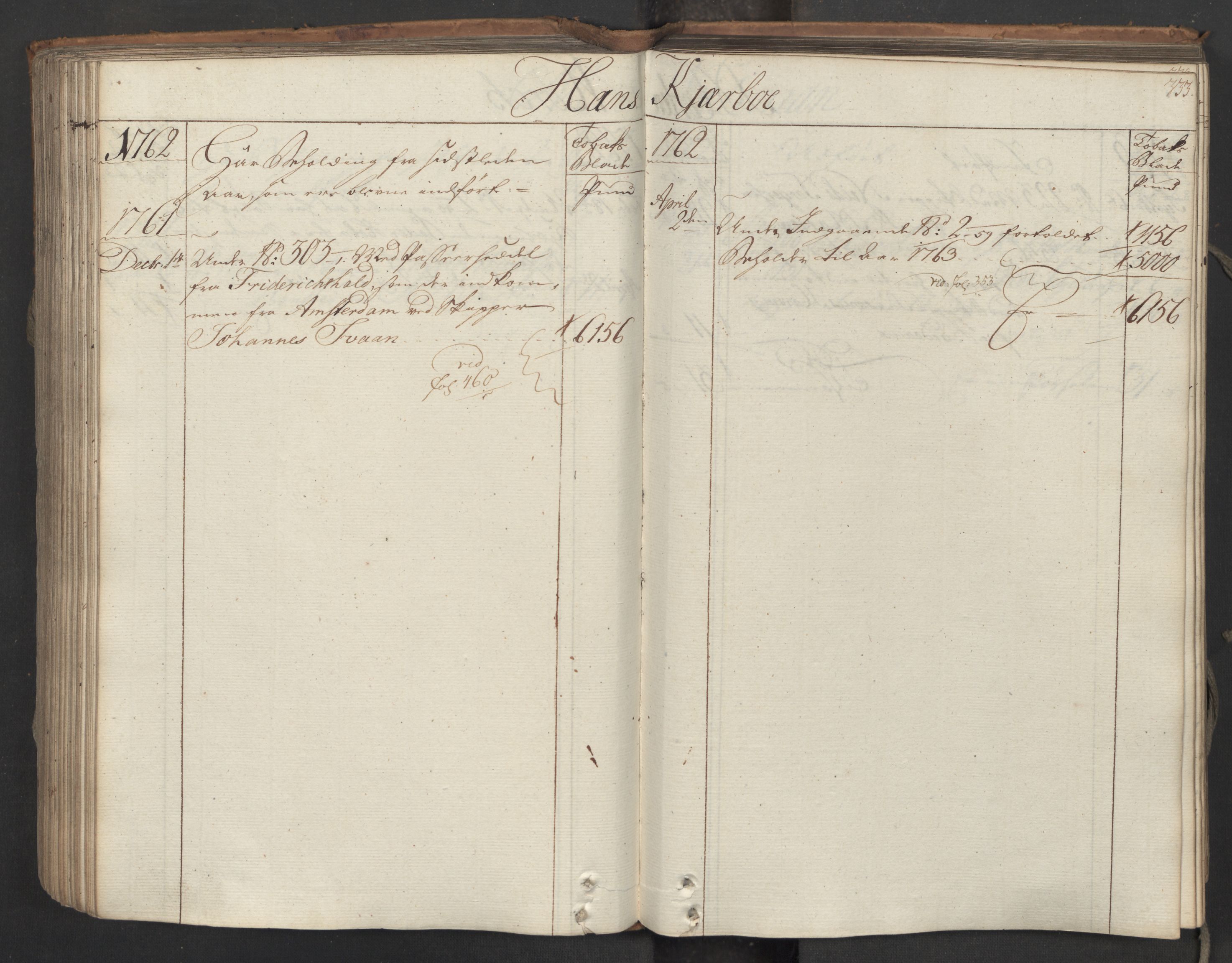 Generaltollkammeret, tollregnskaper, AV/RA-EA-5490/R06/L0062/0001: Tollregnskaper Kristiania / Inngående hovedtollbok, 1762, p. 332b-333a