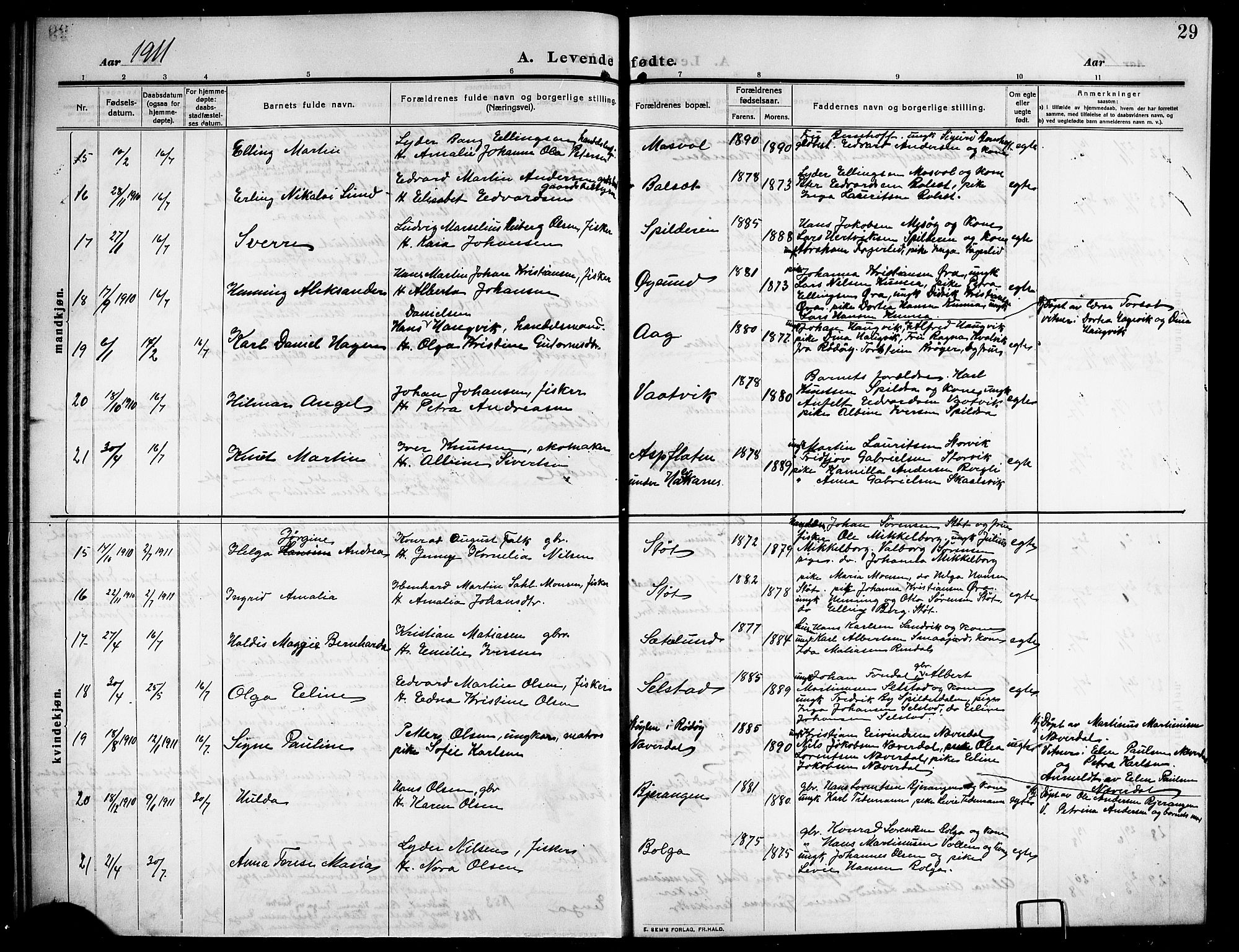 Ministerialprotokoller, klokkerbøker og fødselsregistre - Nordland, SAT/A-1459/843/L0639: Parish register (copy) no. 843C08, 1908-1924, p. 29