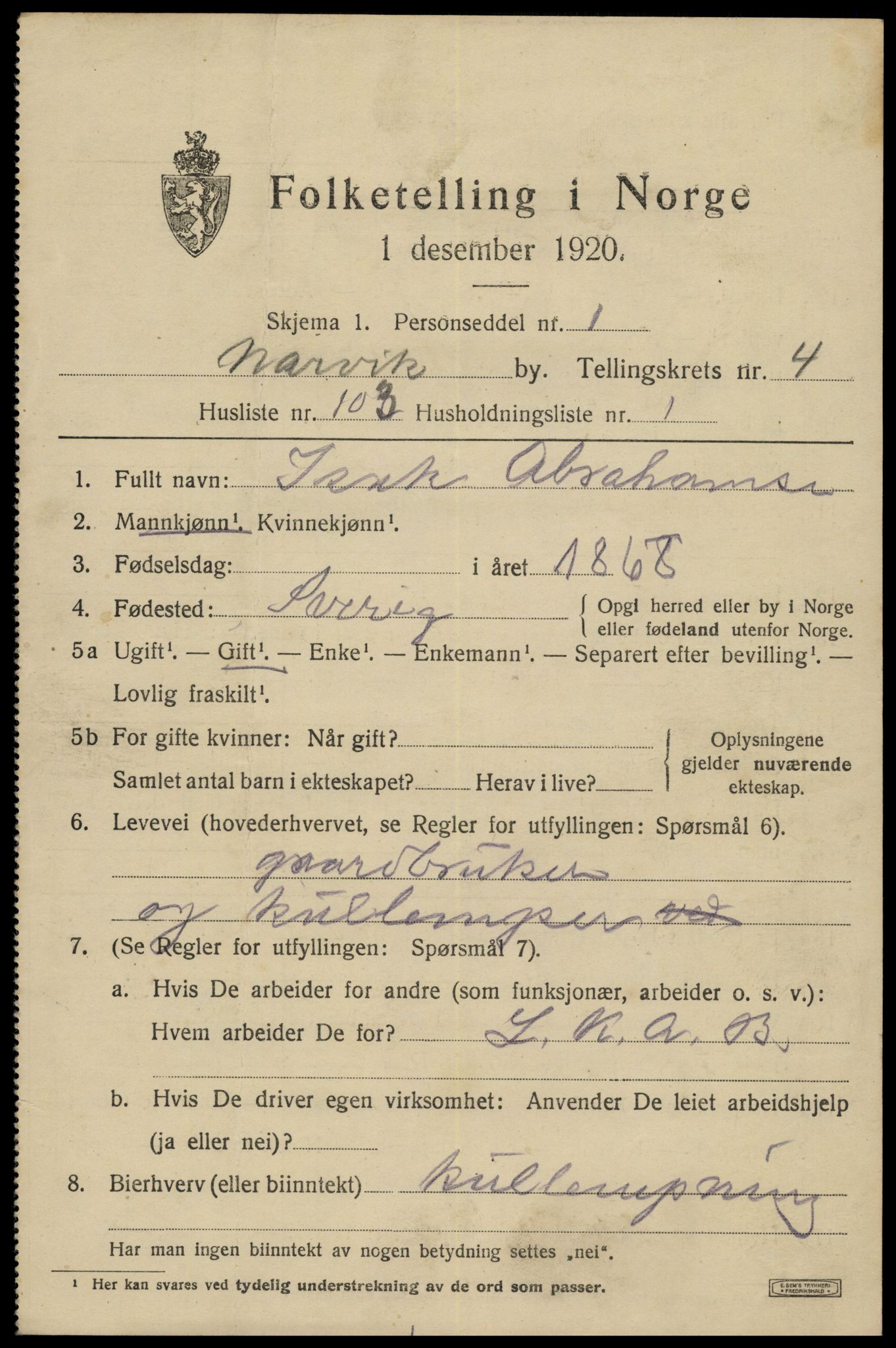 SAT, 1920 census for Narvik, 1920, p. 16454