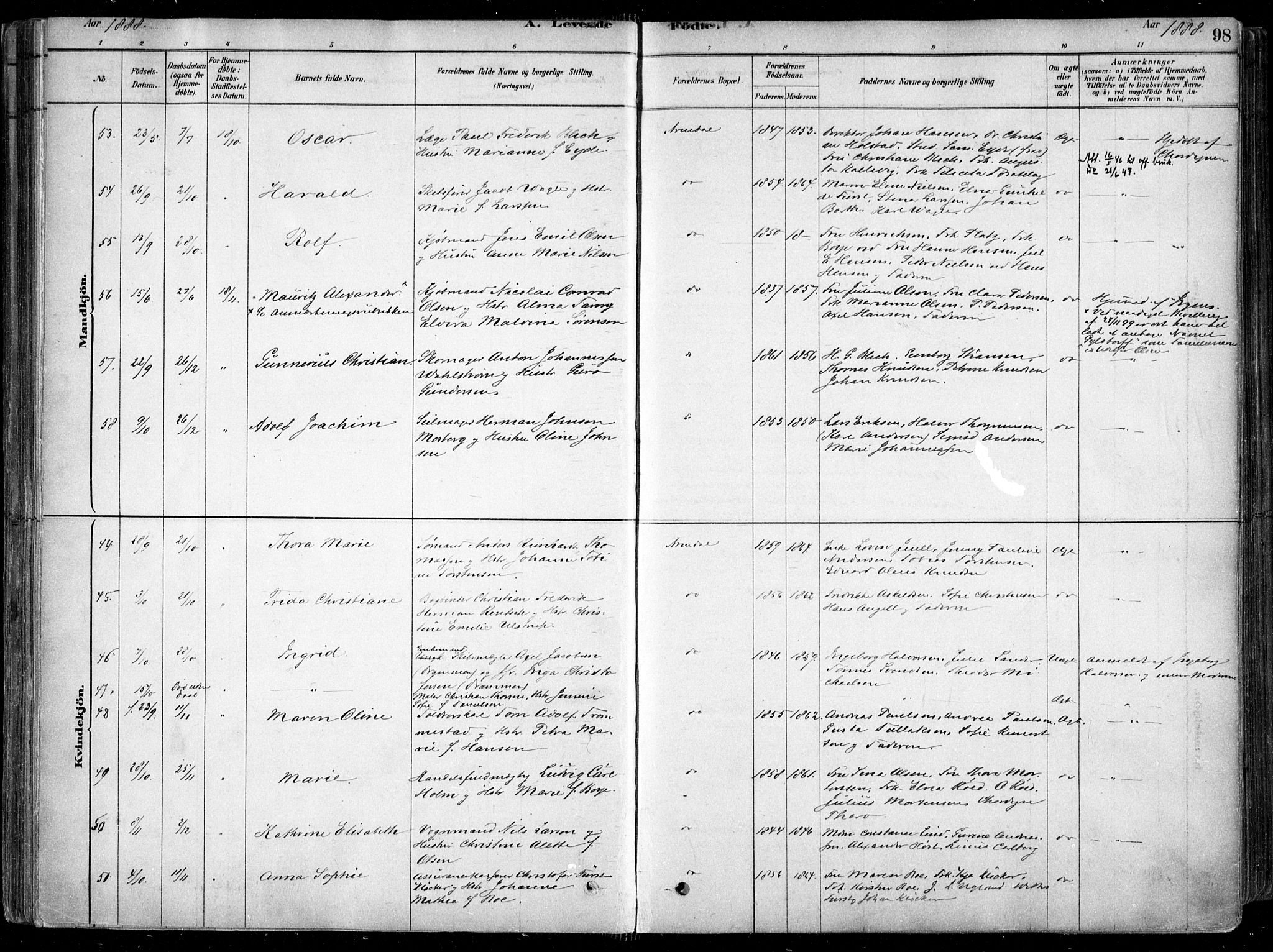 Arendal sokneprestkontor, Trefoldighet, AV/SAK-1111-0040/F/Fa/L0008: Parish register (official) no. A 8, 1878-1899, p. 98