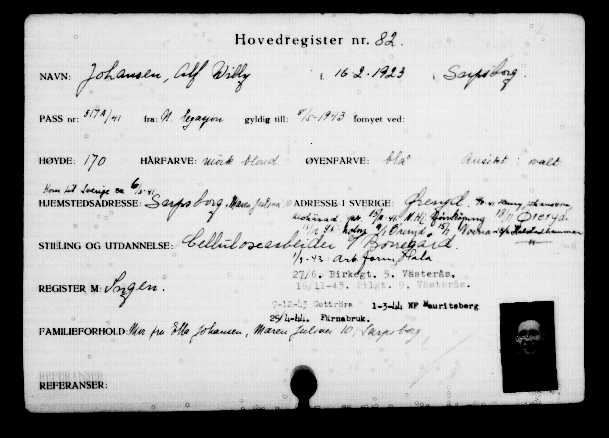 Utenriksstasjonene, Legasjonen i Stockholm, Flyktningkontoret, AV/RA-S-6753/V/Va/L0001: Kjesäterkartoteket, flyktninger med registreringsnr. 1-1000, 1940-1945, p. 141