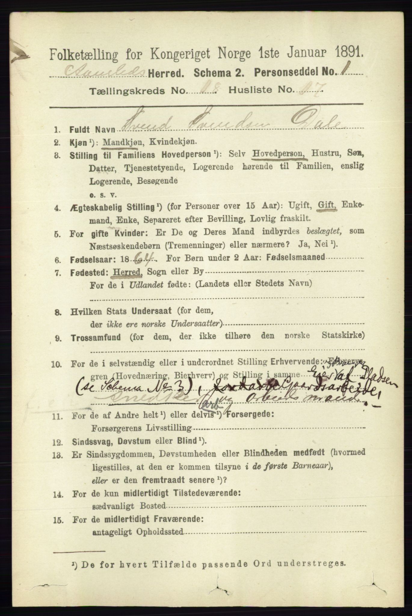 RA, 1891 census for 0929 Åmli, 1891, p. 3119