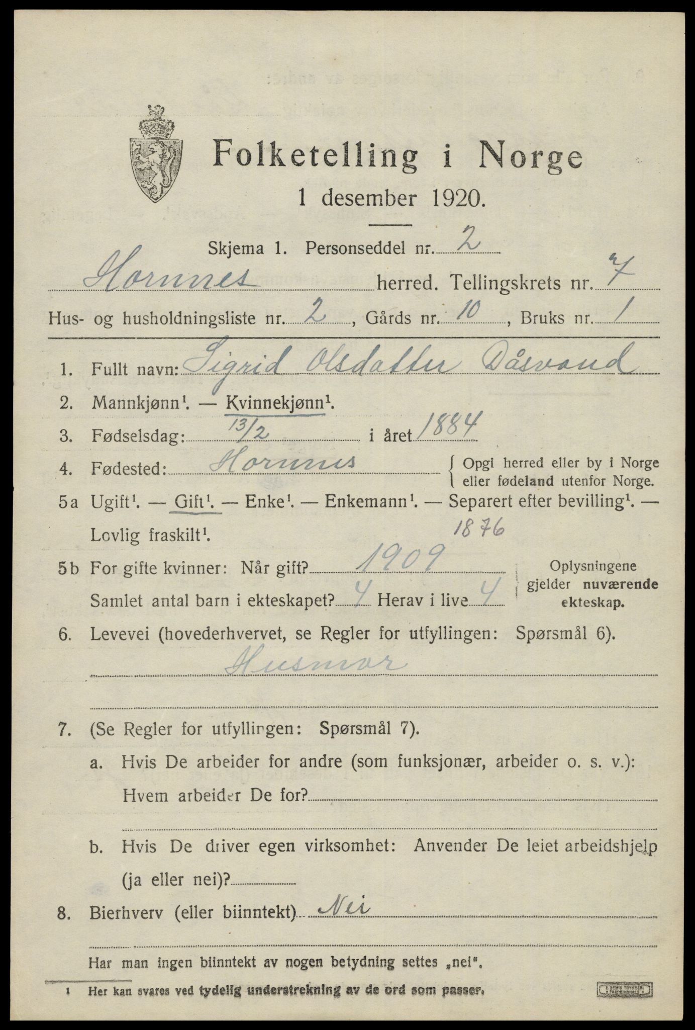 SAK, 1920 census for Hornnes, 1920, p. 1669