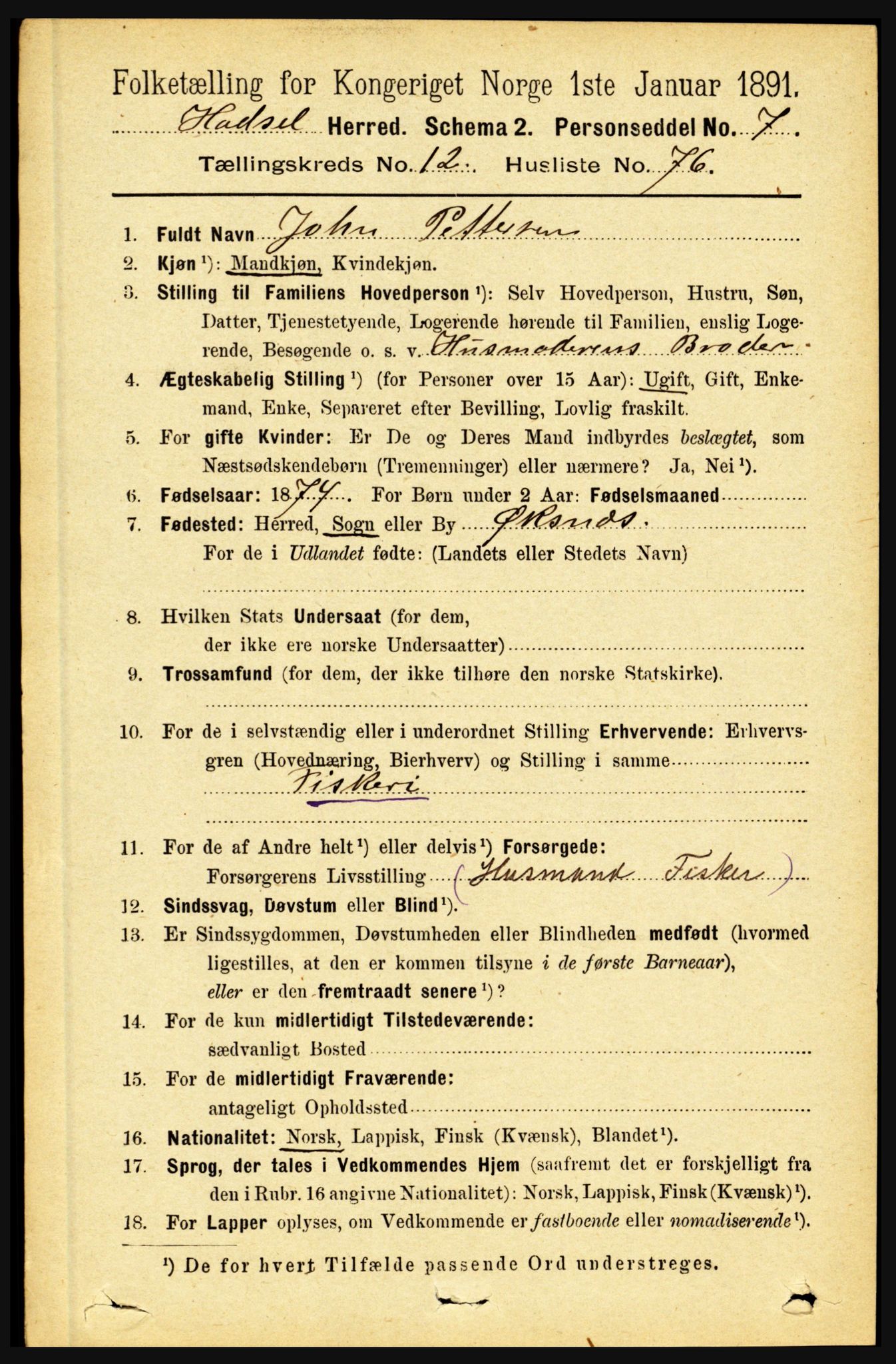 RA, 1891 census for 1866 Hadsel, 1891, p. 5762