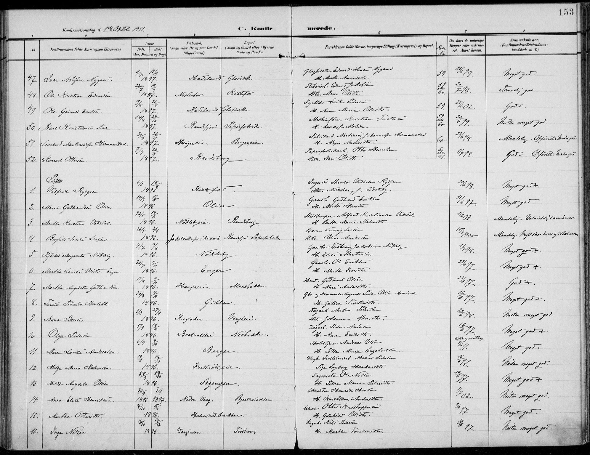 Jevnaker prestekontor, AV/SAH-PREST-116/H/Ha/Haa/L0011: Parish register (official) no. 11, 1902-1913, p. 153