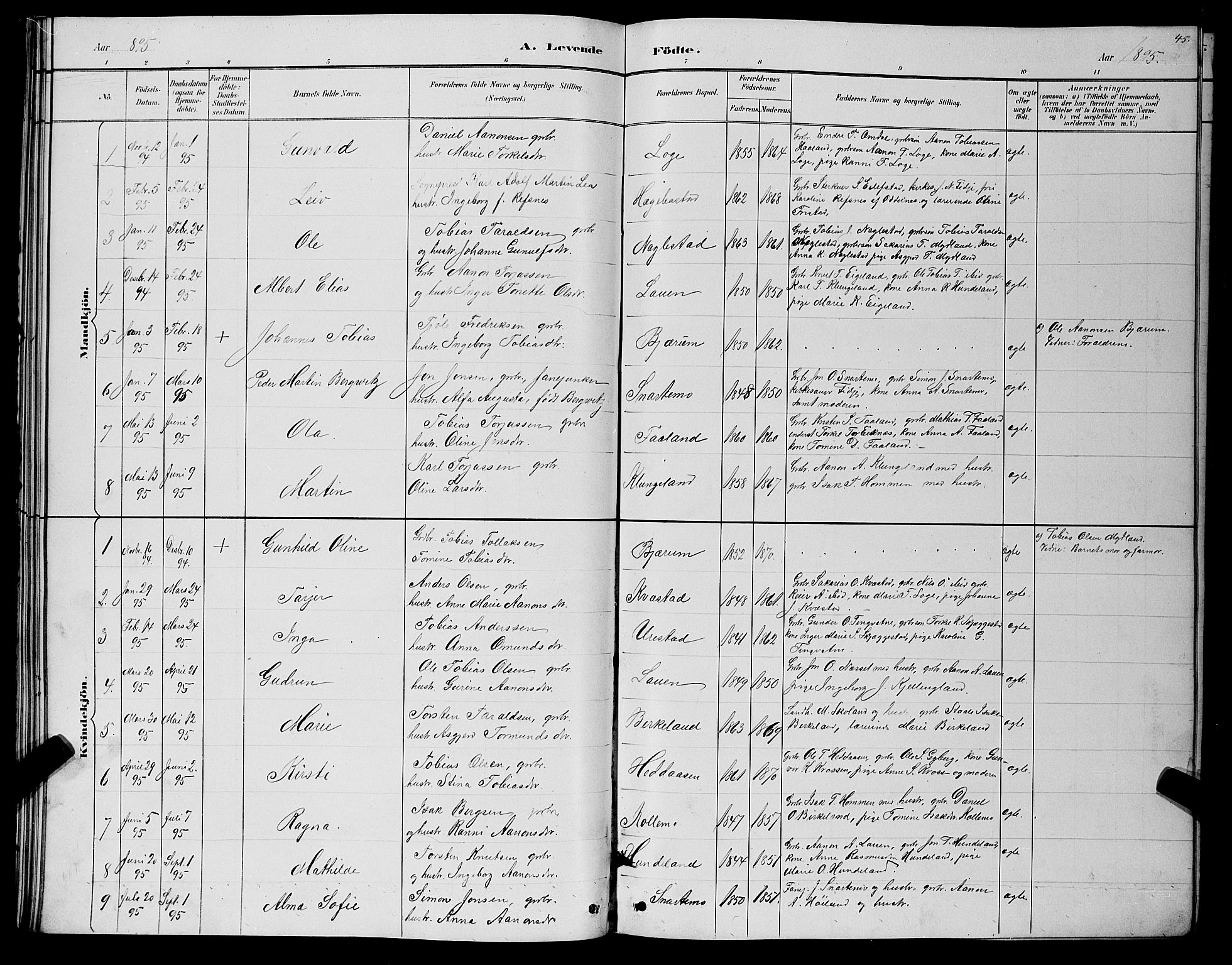 Hægebostad sokneprestkontor, SAK/1111-0024/F/Fb/Fba/L0003: Parish register (copy) no. B 3, 1883-1896, p. 45