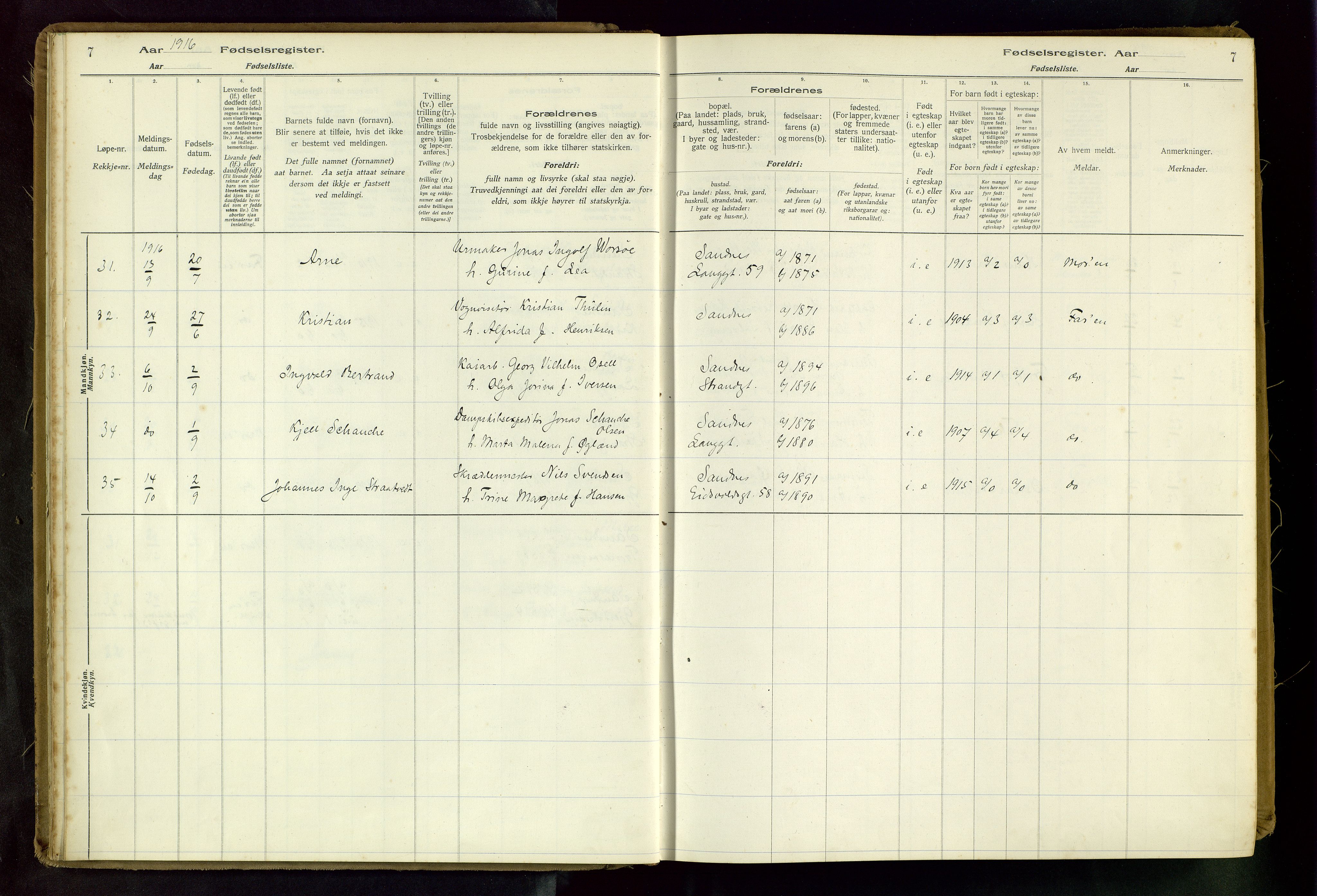 Sandnes sokneprestkontor, AV/SAST-A-101800/704BA/L0001: Birth register no. 1, 1916-1942, p. 7