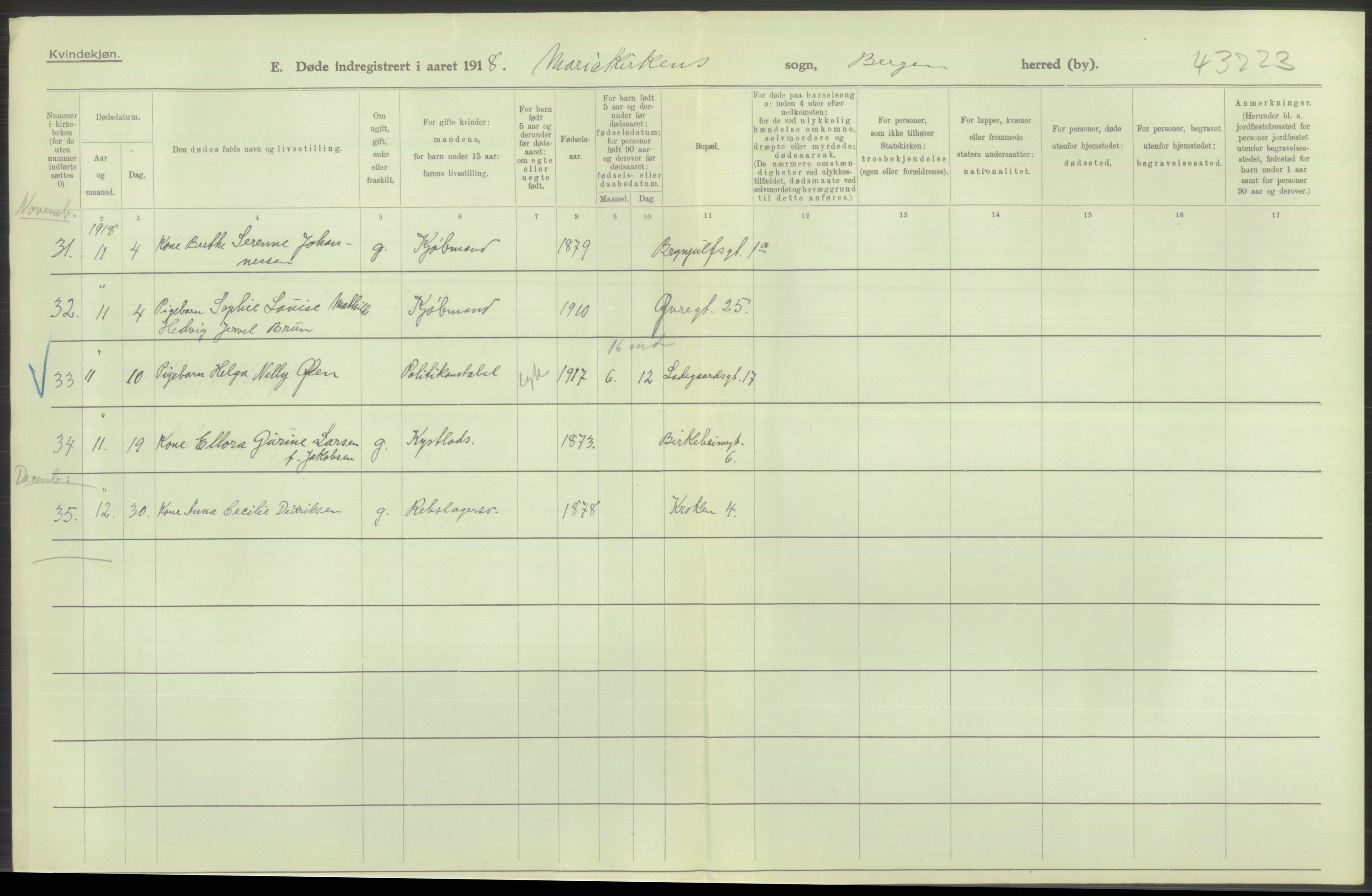 Statistisk sentralbyrå, Sosiodemografiske emner, Befolkning, RA/S-2228/D/Df/Dfb/Dfbh/L0039: Bergen: Døde., 1918, p. 344