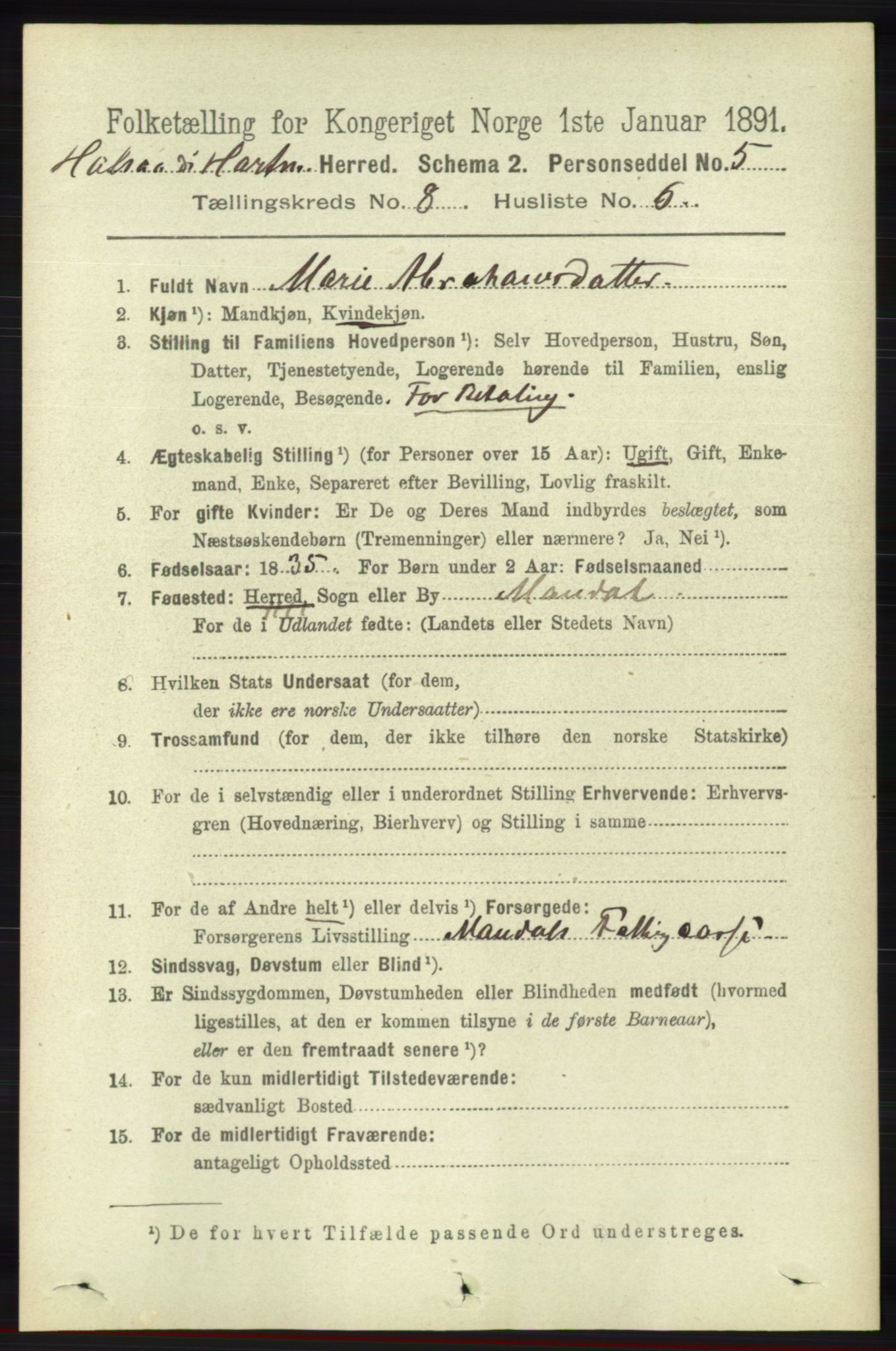 RA, 1891 census for 1019 Halse og Harkmark, 1891, p. 3286