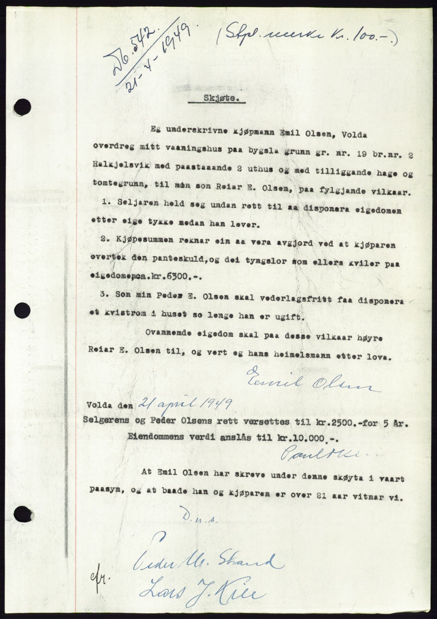 Søre Sunnmøre sorenskriveri, AV/SAT-A-4122/1/2/2C/L0084: Mortgage book no. 10A, 1949-1949, Diary no: : 542/1949