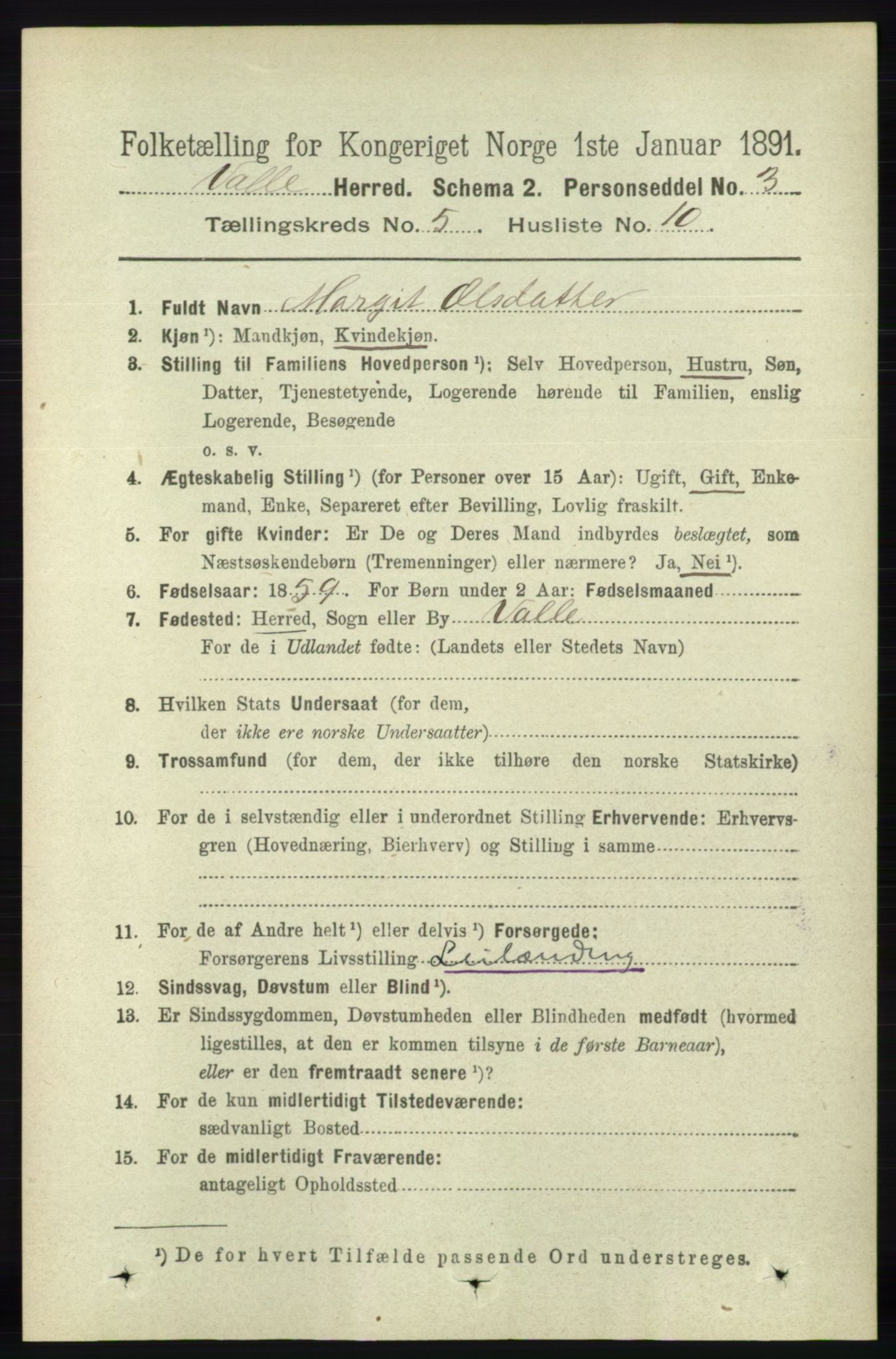 RA, 1891 census for 0940 Valle, 1891, p. 1383