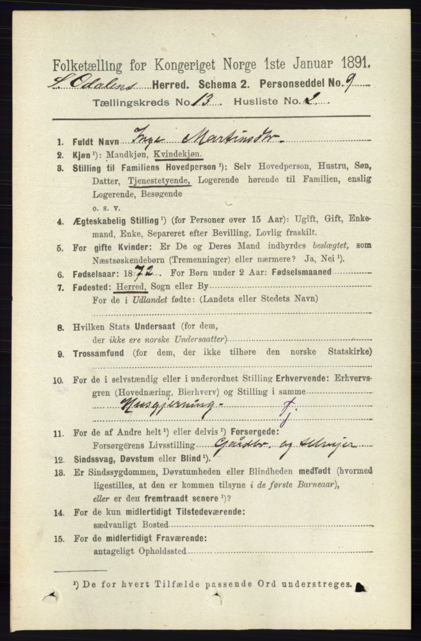 RA, 1891 census for 0419 Sør-Odal, 1891, p. 5577