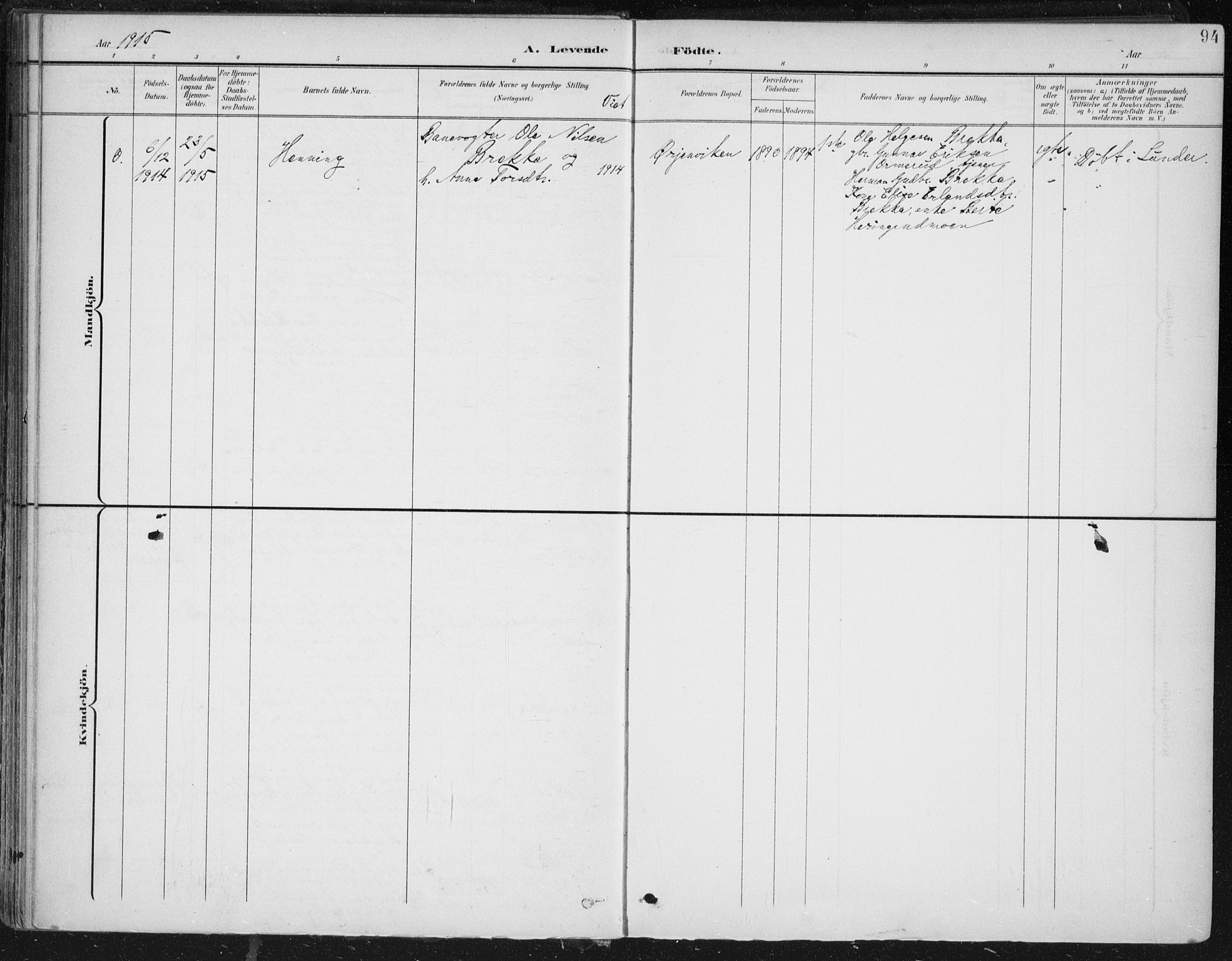 Krødsherad kirkebøker, AV/SAKO-A-19/F/Fa/L0007: Parish register (official) no. 7, 1900-1915, p. 94