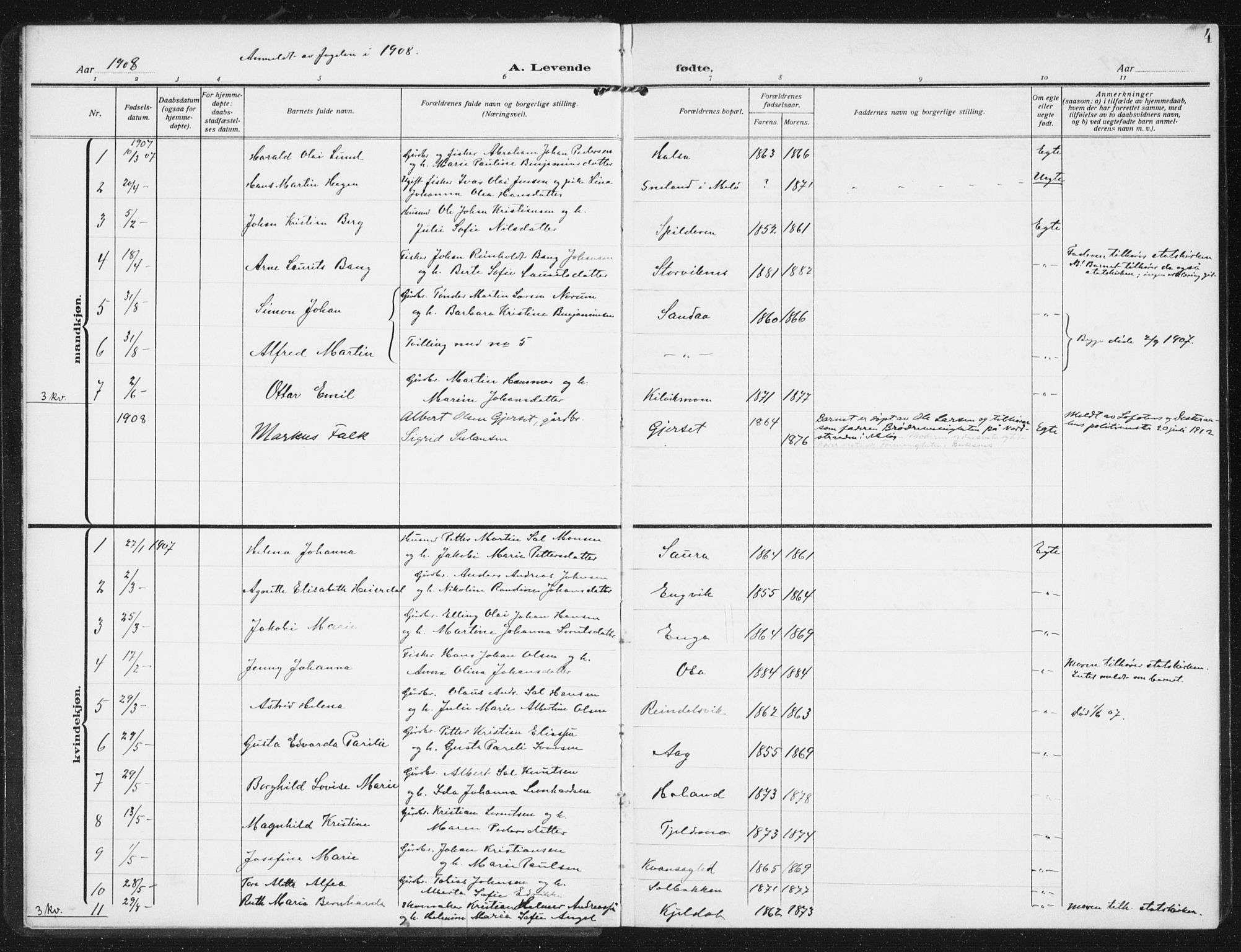 Ministerialprotokoller, klokkerbøker og fødselsregistre - Nordland, SAT/A-1459/843/L0629: Parish register (official) no. 843A04, 1907-1925, p. 4