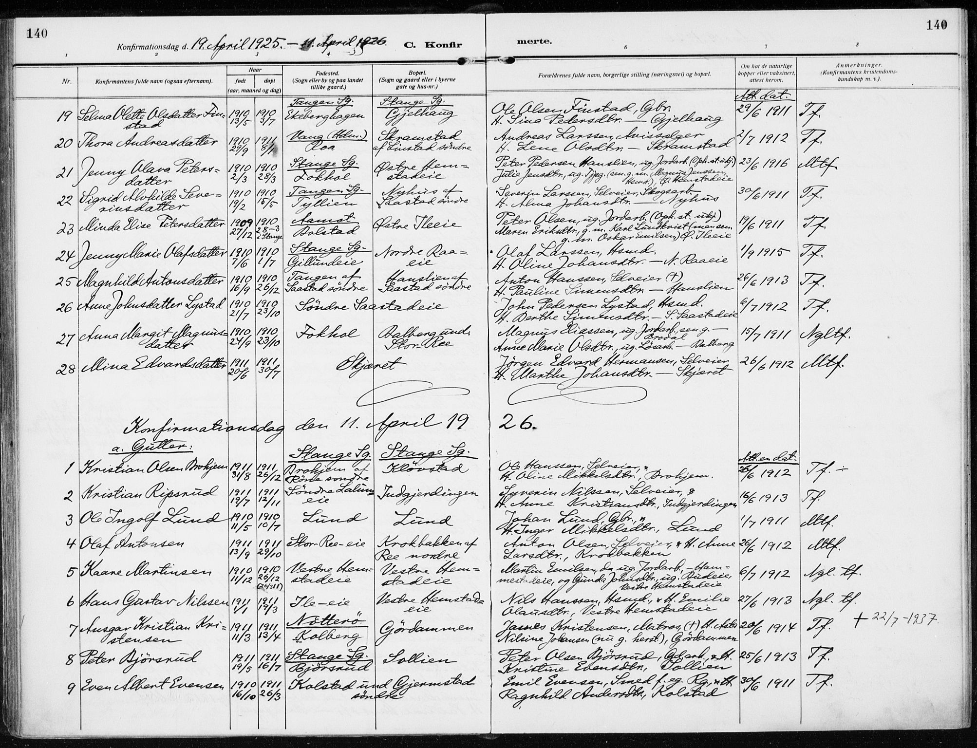 Stange prestekontor, SAH/PREST-002/K/L0026: Parish register (official) no. 26, 1923-1937, p. 140