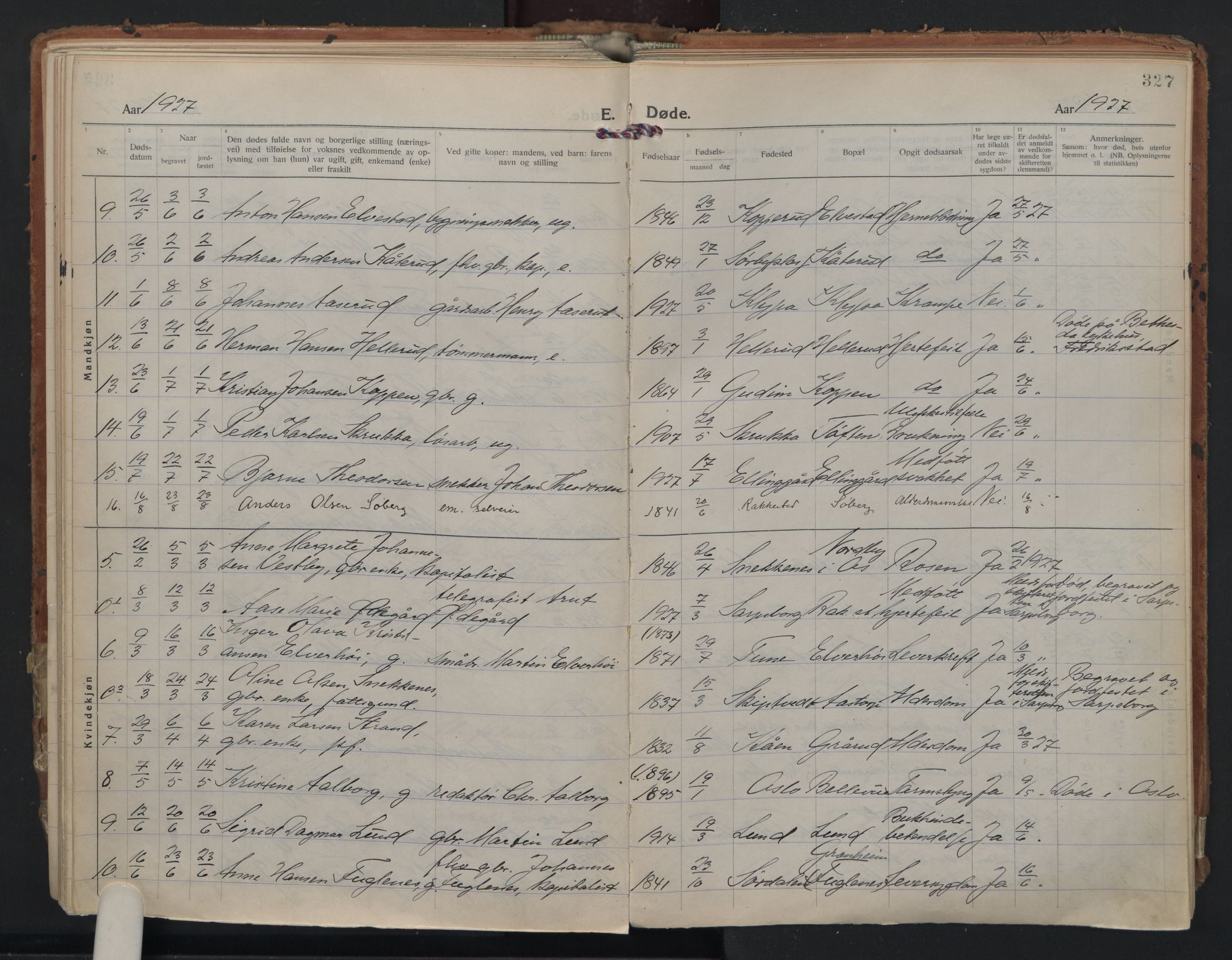 Rakkestad prestekontor Kirkebøker, AV/SAO-A-2008/F/Fa/L0016: Parish register (official) no. I 16, 1922-1943, p. 327