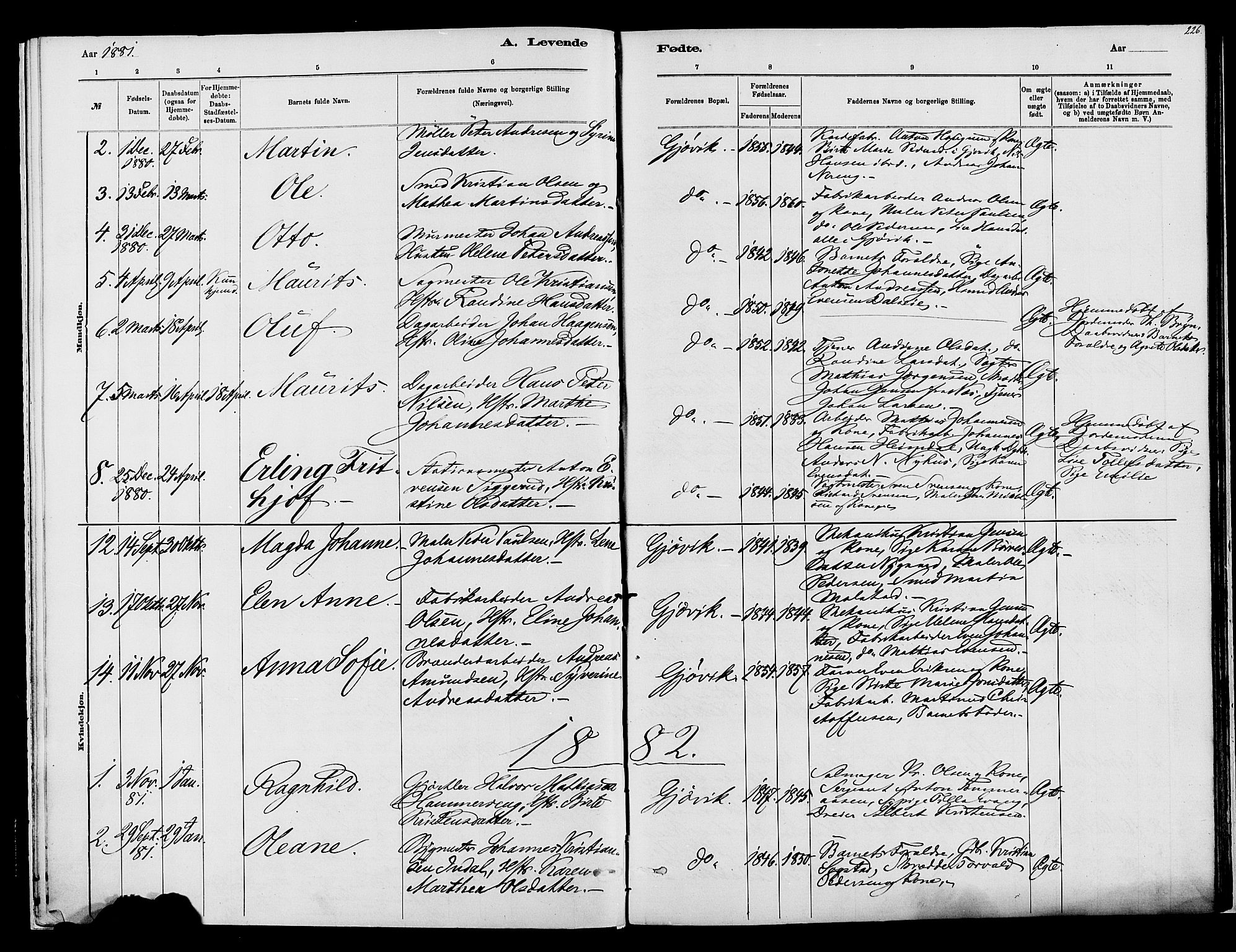 Vardal prestekontor, SAH/PREST-100/H/Ha/Haa/L0008: Parish register (official) no. 8, 1878-1890, p. 226