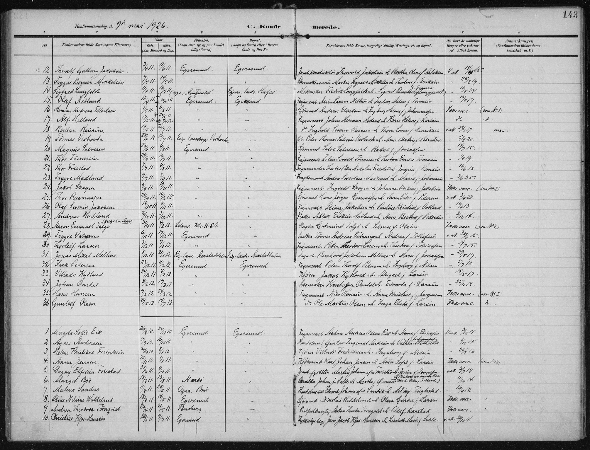 Eigersund sokneprestkontor, AV/SAST-A-101807/S08/L0022: Parish register (official) no. A 21, 1905-1928, p. 143