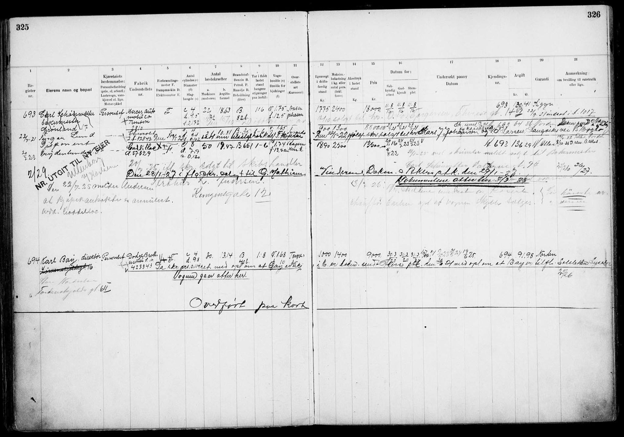 Vegdirektoratet, Bilavdelingen M, AV/RA-S-1663/F/Fa/L0002: Bilregisterprotokoll. Reg.nr. A1-A29 og A400-A902, 1913-1926, p. 325-326