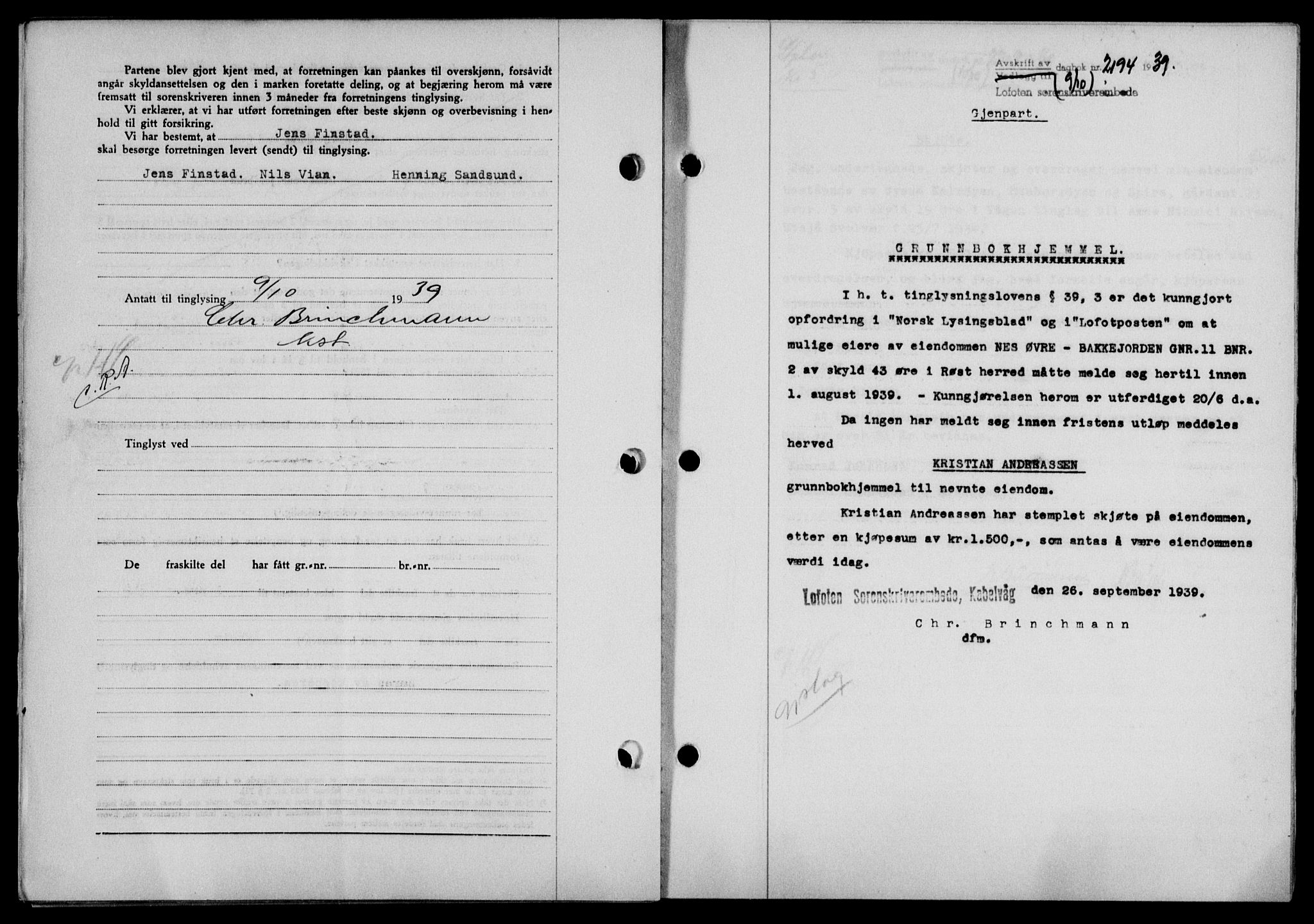 Lofoten sorenskriveri, SAT/A-0017/1/2/2C/L0006a: Mortgage book no. 6a, 1939-1939, Diary no: : 2194/1939